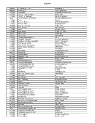 Page 160 
008455 
PLEDGING MY LOVE 
JOHNNY ACE 
006873 
PMS BLUES 
DOLLY PARTON 
010038 
PO' FOLKS 
NAPPY ROOTS / ANTHO 
009260 
POCKET FULL OF GOLD 
VINCE GILL 
015601 
POCKET OF A CLOWN 
DWIGHT YOAKAM 
19577 
POCKETFUL OF SUNSHINE 
NATASHA BEDINGFIELD 
010190 
Poem 
Taproot 
010475 
Poetry In Motion 
JOHNNY TILLOTSON 
016556 
POETRY MAN 
PHOEBE SNOW 
004630 
Point Of Authority 
Linkin Park 
004628 
Point Of View 
DB Boulevard 
014841 
Poison 
Bell Biv Devoe 
016384 
POISON IVY 
COASTERS, THE 
20626 
POKER FACE 
GLEE CAST 
20610 
POKER FACE 
LADY GAGA 
009619 
POLITICALLY CORRECT 
SR-71 
018395 
Politically Uncorrect 
Gretchen Wilson fea 
006799 
POLITICS, RELIGION AND HER 
SAMMY KERSHAW 
016058 
POLK SALAD ANNIE 
ELVIS PRESLEY 
002847 
Polka Dots & Moonbeams 
Standards/Tradition 
008636 
POLLY WOLLY DOODLE 
STANDARD 
001604 
PONY 
GINUWINE 
011852 
PONY TIME 
CHUBBY CHECKER 
008276 
POOR BOY 
ELVIS PRESLEY 
014083 
Poor Little Fool 
Ricky Nelson 
003683 
Poor Man's Son 
Rockin' Berries, Th 
003552 
Poor Me 
ADAM FAITH 
004645 
Poor Misguided Fool 
Starsailor 
25030 
POOR POOR FARMER 
STOMPIN TOM CONNOR 
008988 
POOR POOR PITFUL ME 
LINDA RONSTADT 
015513 
POOR POOR PITIFUL ME 
Terri Clark 
011853 
POOR SIDE OF TOWN 
JOHNNY RIVERS 
008817 
POP 
N SYNC 
015835 
POP A TOP 
ALAN JACKSON 
008628 
POP GOES THE WEASEL 
STANDARD 
017042 
POP MUZIK 
M 
018298 
Pop Princess 
Click Five, The 
005386 
Pop That Booty 
Marques Houston 
018953 
Poppin' 
Chris Brown feat. J 
018379 
Poppin' My Collar 
Three 6 Mafia 
002363 
POR UN AMOR 
1- 
018099 
Porcelain 
Moby 
19561 
PORTRAIT OF LOVE 
CHERI DENNIS 
016557 
PORTRAIT OF MY LOVE 
MATT MONRO 
000047 
PORTRAIT OF MY LOVE 
STEVE LAWRENCE 
016841 
POSITIVELY 4TH STREET 
BOB DYLAN 
005941 
POSSESSION 
SARAH MCLACHLAN 
004124 
Postcards From Heaven 
Lighthouse Family 
001556 
POSTMARKED BIRMINGHAM 
BLACKHAWK 
019170 
Potential Breakup Song 
Aly & AJ 
007924 
POUR ME 
TRICK PONY 
007189 
POUR OUT THE RAIN 
BUDDY JEWELL 
20513 
POUR SOME SUGAR ON ME 
DEF LEPPARD 
003184 
Power Of A Woman, The 
Eternal 
006119 
POWER OF GOODBYE, THE 
MADONNA 
003388 
Power Of Love 
Frankie Goes To Hol 
003044 
Power Of Love 
Jennifer Rush  