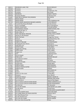 Page 162 
008311 
PROMISED LAND, THE 
ELVIS PRESLEY 
005265 
Promises 
Adema 
004170 
Promises 
Cranberries, The 
003762 
Promises 
Ken Dodd 
009329 
PROMISES 
RANDY TRAVIS 
004938 
Promises Broken 
Collective Soul 
016407 
PROP ME UP BESIDE THE JUKEBOX 
JOE DIFFIE 
008452 
PROUD MARY 
CCR 
000911 
PROUD MARY 
TINA TURNER & IKE 
001765 
PROUD MARY (MADISON SQUARE GARDEN) 
ELVIS PRESLEY 
19371 
Proud Of The House We Built 
Brooks & Dunn 
014974 
Prove It All Night 
Bruce Springsteen 
011861 
PROVE YOUR LOVE 
TAYLOR DAYNE 
011863 
PSYCHEDELIC SHACK 
TEMPTATIONS, THE 
003429 
Pub With No Beer, A 
Slim Dusty 
018612 
Public Affair, A 
Jessica Simpson 
011865 
PUFF THE MAGIC DRAGON 
PETER, PAUL & MARY 
003573 
Pull Up To The Bumper 
Grace Jones 
018575 
Pullin' Me Back 
Chingy feat. Tyrese 
018312 
Pump It 
Black Eyed Peas, The 
005342 
Pump It Up 
Budden, Joe 
001244 
PUMP UP THE JAM 
TECHNOTRONIC 
004218 
Pumping On Your Stereo 
Supergrass 
005074 
Punk Rock 101 
Bowling For Soup 
006246 
PUPPET MAN 
TOM JONES 
003809 
Puppet On A String 
Sandie Shaw 
011866 
PUPPY LOVE 
PAUL ANKA 
004740 
Puppy Love 
S Club Juniors 
004273 
Pure 
Lightning Seeds 
004518 
Pure & Simple 
Hear'Say 
009422 
PURE LOVE 
RONNIE MILSAP 
003021 
Pure Pleasure Seeker 
Moloko 
004365 
Pure Shores 
All Saints 
008725 
PUREST OF PAIN 
SON BY FOUR 
002979 
Purple Haze 
Buddy Miles 
011867 
PURPLE HAZE 
JIMI HENDRIX 
016385 
PURPLE PEOPLE EATER 
SHEB WOOLEY 
016800 
PURPLE RAIN 
PRINCE 
016959 
PUSH 
MATCHBOX 20 
014489 
Push It 
Salt-N-Pepa 
018967 
Push It To The Limit 
Corbin Bleu 
004727 
Pussycat 
Jean, Wyclef 
19654 
PUSSYCAT DOLLS 
WHEN I GROW UP 
19729 
PUT A GIRL IN IT 
BROOKS AND DUNN 
002870 
Put A Lid On It 
Squirrel Nut Zipper 
000206 
PUT A LITTLE LOVE IN YOUR HEART 
ANNIE LENNOX & AL G 
011869 
PUT A LITTLE LOVE IN YOUR HEART 
JACKIE DESHANNON 
004718 
Put Him Out 
Ms Dynamite 
009874 
PUT IT ON PAPER 
ANN NESBY & AL GREE 
010075 
Put Me Down 
Donell Jones 
19747 
PUT ON 
YOUNG JEEZY & KANYE WEST 
011870 
PUT ON A HAPPY FACE 
DICK VAN DYKE 
009295 
PUT SOME DRIVE IN YOUR COUNTRY 
TRAVIS TRITT 
010591 
Put That Woman First 
Jaheim 
004712 
Put The Needle On It 
Danni Minogue 
20403 
PUT YOU IN A SONG 
KEITH URBAN 
003974 
Put Your Arms Around Me 
Texas  