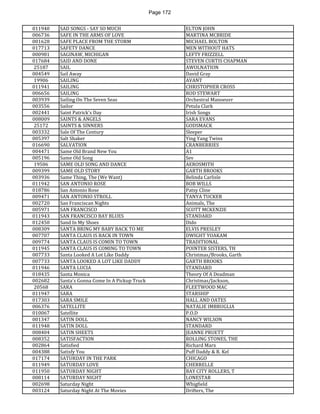 Page 172 
011940 
SAD SONGS - SAY SO MUCH 
ELTON JOHN 
006736 
SAFE IN THE ARMS OF LOVE 
MARTINA MCBRIDE 
001628 
SAFE PLACE FROM THE STORM 
MICHAEL BOLTON 
017713 
SAFETY DANCE 
MEN WITHOUT HATS 
000981 
SAGINAW, MICHIGAN 
LEFTY FRIZZELL 
017684 
SAID AND DONE 
STEVEN CURTIS CHAPMAN 
25187 
SAIL 
AWOLNATION 
004549 
Sail Away 
David Gray 
19906 
SAILING 
AVANT 
011941 
SAILING 
CHRISTOPHER CROSS 
006656 
SAILING 
ROD STEWART 
003939 
Sailing On The Seven Seas 
Orchestral Manoeuvr 
003556 
Sailor 
Petula Clark 
002441 
Saint Patrick's Day 
Irish Songs 
008009 
SAINTS & ANGELS 
SARA EVANS 
25172 
SAINTS & SINNERS 
GODSMACK 
003332 
Sale Of The Century 
Sleeper 
005397 
Salt Shaker 
Ying Yang Twins 
016690 
SALVATION 
CRANBERRIES 
004471 
Same Old Brand New You 
A1 
005196 
Same Old Song 
Sev 
19506 
SAME OLD SONG AND DANCE 
AEROSMITH 
009399 
SAME OLD STORY 
GARTH BROOKS 
003936 
Same Thing, The (We Want) 
Belinda Carlisle 
011942 
SAN ANTONIO ROSE 
BOB WILLS 
018786 
San Antonio Rose 
Patsy Cline 
009471 
SAN ANTONIO STROLL 
TANYA TUCKER 
002720 
San Franciscan Nights 
Animals, The 
005971 
SAN FRANCISCO 
SCOTT MCKENZIE 
011943 
SAN FRANCISCO BAY BLUES 
STANDARD 
012450 
Sand In My Shoes 
Dido 
008309 
SANTA BRING MY BABY BACK TO ME 
ELVIS PRESLEY 
007707 
SANTA CLAUS IS BACK IN TOWN 
DWIGHT YOAKAM 
009774 
SANTA CLAUS IS COMIN TO TOWN 
TRADITIONAL 
011945 
SANTA CLAUS IS COMING TO TOWN 
POINTER SISTERS, TH 
007733 
Santa Looked A Lot Like Daddy 
Christmas/Brooks, Garth 
007733 
SANTA LOOKED A LOT LIKE DADDY 
GARTH BROOKS 
011946 
SANTA LUCIA 
STANDARD 
018435 
Santa Monica 
Theory Of A Deadman 
002682 
Santa's Gonna Come In A Pickup Truck 
Christmas/Jackson, 
20568 
SARA 
FLEETWOOD MAC 
011947 
SARA 
STARSHIP 
017303 
SARA SMILE 
HALL AND OATES 
006376 
SATELLITE 
NATALIE IMBRUGLIA 
010067 
Satellite 
P.O.D 
001347 
SATIN DOLL 
NANCY WILSON 
011948 
SATIN DOLL 
STANDARD 
008404 
SATIN SHEETS 
JEANNE PRUETT 
008352 
SATISFACTION 
ROLLING STONES, THE 
002864 
Satisfied 
Richard Marx 
004388 
Satisfy You 
Puff Daddy & R. Kel 
017174 
SATURDAY IN THE PARK 
CHICAGO 
011949 
SATURDAY LOVE 
CHERRELLE 
011950 
SATURDAY NIGHT 
BAY CITY ROLLERS, T 
008114 
SATURDAY NIGHT 
LONESTAR 
002698 
Saturday Night 
Whigfield 
003124 
Saturday Night At The Movies 
Drifters, The  