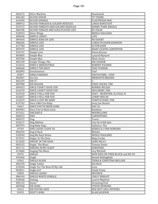 Page 181 
003272 
Silver Machine 
Hawkwind 
006182 
SILVER SPOON 
TV THEME 
016994 
SILVER SPRINGS 
FLEETWOOD MAC 
008972 
SILVER THREADS & GOLDEN NEEDLES 
LINDA RONSTADT 
015572 
SILVER THREATS AND GOLDEN NEEDLES 
HONKY TONK ANGELS 
006780 
SILVER TONGUE AND GOLD PLATED LIES 
KT OSLIN 
018933 
Silver Wings 
MERLE HAGGARD 
009690 
SIMPLE CREED 
LIVE 
009564 
SIMPLE KIND OF LIFE 
NO DOUBT 
006604 
SIMPLE LIFE 
CAROLYN DAWN JOHNSON 
017700 
SIMPLE LIFE 
ELTON JOHN 
007079 
SIMPLE LIFE 
MARY CHAPIN CARPENTER 
019191 
Simple Love 
Alison Krauss 
003005 
Simple Man 
Lynyrd Skynyrd 
005500 
Simple Man 
Shine Down 
003150 
Simple Things, The 
JOE COCKER 
012016 
SIMPLY IRRESISTIBLE 
ROBERT PALMER 
006660 
SIMPLY THE BEST 
TINA TURNER 
002893 
Simultaneous 
Chef 
25097 
SIMULTANEOUS 
SOUTH PARK - CHEF 
002867 
Sin City 
MEREDITH BROOKS 
002329 
SIN TI 
1- 
007900 
SIN WAGON 
DIXIE CHICKS, THE 
009433 
SINCE I DON'T HAVE YOU 
RONNIE MILSAP 
016570 
SINCE I DON'T HAVE YOU 
SKYLINERS, THE 
016910 
SINCE I FELL FOR YOU 
DUET - MCENTIRE, R./COLE, N. 
016027 
SINCE I FELL FOR YOU 
LENNY WELSH 
012019 
SINCE I LOST MY BABY 
TEMPTATIONS, THE 
013742 
Since I Met You Baby 
Ivory Joe Hunter 
19667 
SINCE YOU'VE BEEN GONE 
DAY 26 
003093 
Since You've Been Gone 
Rainbow 
015451 
SINCERELY 
MOONGLOWS 
006072 
SING 
CARPENTERS 
004537 
Sing 
Travis 
010217 
Sing Alleluia 
City On A Hill (Jen 
003793 
Sing Baby Sing 
Stylistics, The 
19703 
SING CAUSE I LOVE TO 
REBECCA LYNN HOWARD 
004254 
Sing It Back 
Moloko 
018944 
Sing Me Back Home 
MERLE HAGGARD 
013551 
Singin' In The Rain 
Bing Crosby 
012020 
SINGIN' IN THE RAIN 
GENE KELLY 
003315 
Singin' The Blues 
Tommy Steele 
001712 
SINGING IN MY SLEEP 
SEMISONIC 
013860 
Singing The Blues 
Guy Mitchell 
19976 
SINGLE 
NEW KIDS ON THER BLOCK and NE-YO 
018366 
Single 
Natash Bedingfield 
19562 
SINGLE AGAIN 
TRINA & CHRISTINA MILLIAN 
005478 
Single Father 
Kid Rock 
010204 
Single For The Reat Of My Life 
Isyss 
003811 
Single Girl 
Sandy Posey 
19849 
SINGLE LADIES 
BEYONCE 
008149 
SINGLE WHITE FEMALE 
CHELY WRIGHT 
018428 
Sinking 
Lauren Mayhew 
005152 
Sinner 
Drowning Pool 
005968 
SIR DUKE 
STEVIE WONDER 
19412 
SIR PSYCHO SEXY 
RED HOT CHILI PEPPERS 
19935 
SISSY'S SONG 
ALAN JACKSON  