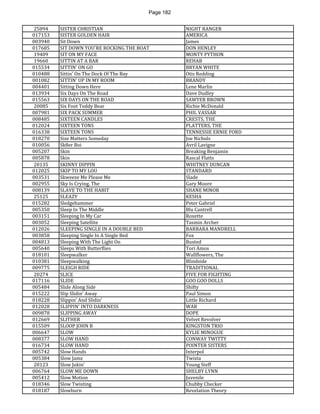 Page 182 
25094 
SISTER CHRISTIAN 
NIGHT RANGER 
017153 
SISTER GOLDEN HAIR 
AMERICA 
003940 
Sit Down 
James 
017685 
SIT DOWN YOU'RE ROCKING THE BOAT 
DON HENLEY 
19409 
SIT ON MY FACE 
MONTY PYTHON 
19660 
SITTIN AT A BAR 
REHAB 
015534 
SITTIN' ON GO 
BRYAN WHITE 
010488 
Sittin' On The Dock Of The Bay 
Otis Redding 
001082 
SITTIN' UP IN MY ROOM 
BRANDY 
004401 
Sitting Down Here 
Lene Marlin 
013934 
Six Days On The Road 
Dave Dudley 
015563 
SIX DAYS ON THE ROAD 
SAWYER BROWN 
20085 
Six Foot Teddy Bear 
Richie McDonald 
007981 
SIX PACK SUMMER 
PHIL VASSAR 
008485 
SIXTEEN CANDLES 
CRESTS, THE 
012024 
SIXTEEN TONS 
PLATTERS, THE 
016338 
SIXTEEN TONS 
TENNESSIE ERNIE FORD 
018270 
Size Matters Someday 
Joe Nichols 
010056 
Sk8er Boi 
Avril Lavigne 
005207 
Skin 
Breaking Benjamin 
005878 
Skin 
Rascal Flatts 
20135 
SKINNY DIPPIN 
WHITNEY DUNCAN 
012025 
SKIP TO MY LOU 
STANDARD 
003531 
Skweeze Me Please Me 
Slade 
002955 
Sky Is Crying, The 
Gary Moore 
008139 
SLAVE TO THE HABIT 
SHANE MINOR 
25125 
SLEAZY 
KESHA 
015282 
Sledgehammer 
Peter Gabriel 
005350 
Sleep In The Middle 
Blu Cantrell 
003151 
Sleeping In My Car 
Roxette 
003052 
Sleeping Satellite 
Tasmin Archer 
012026 
SLEEPING SINGLE IN A DOUBLE BED 
BARBARA MANDRELL 
003858 
Sleeping Single In A Single Bed 
Fox 
004813 
Sleeping With The Light On 
Busted 
005640 
Sleeps With Butterflies 
Tori Amos 
018101 
Sleepwalker 
Wallflowers, The 
010381 
Sleepwalking 
Blindside 
009775 
SLEIGH RIDE 
TRADITIONAL 
20274 
SLICE 
FIVE FOR FIGHTING 
017116 
SLIDE 
GOO GOO DOLLS 
005484 
Slide Along Side 
Shifty 
015222 
Slip Slidin' Away 
Paul Simon 
018228 
Slippin' And Slidin' 
Little Richard 
012028 
SLIPPIN' INTO DARKNESS 
WAR 
009878 
SLIPPING AWAY 
DOPE 
012669 
SLITHER 
Velvet Revolver 
015509 
SLOOP JOHN B 
KINGSTON TRIO 
006647 
SLOW 
KYLIE MINOGUE 
008377 
SLOW HAND 
CONWAY TWITTY 
016734 
SLOW HAND 
POINTER SISTERS 
005742 
Slow Hands 
Interpol 
005384 
Slow Jamz 
Twista 
20123 
Slow Jukin' 
Young Steff 
006764 
SLOW ME DOWN 
SHELBY LYNN 
005412 
Slow Motion 
Juvenile 
018346 
Slow Twisting 
Chubby Checker 
018187 
Slowburn 
Revelation Theory  