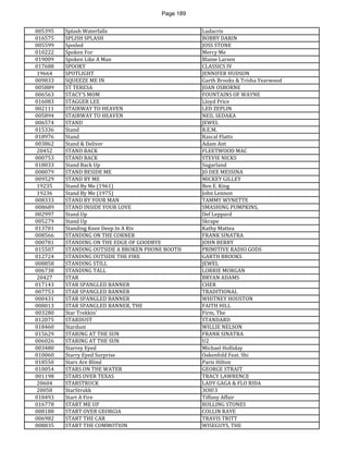 Page 189 
005395 
Splash Waterfalls 
Ludacris 
016575 
SPLISH SPLASH 
BOBBY DARIN 
005599 
Spoiled 
JOSS STONE 
010222 
Spoken For 
Mercy Me 
019009 
Spoken Like A Man 
Blaine Larsen 
017688 
SPOOKY 
CLASSICS IV 
19664 
SPOTLIGHT 
JENNIFER HUDSON 
009833 
SQUEEZE ME IN 
Garth Brooks & Trisha Yearwood 
005889 
ST TERESA 
JOAN OSBORNE 
006563 
STACY'S MOM 
FOUNTAINS OF WAYNE 
016083 
STAGGER LEE 
Lloyd Price 
002111 
STAIRWAY TO HEAVEN 
LED ZEPLIN 
005894 
STAIRWAY TO HEAVEN 
NEIL SEDAKA 
006574 
STAND 
JEWEL 
015336 
Stand 
R.E.M. 
018976 
Stand 
Rascal Flatts 
003862 
Stand & Deliver 
Adam Ant 
20452 
STAND BACK 
FLEETWOOD MAC 
000753 
STAND BACK 
STEVIE NICKS 
018033 
Stand Back Up 
Sugarland 
008079 
STAND BESIDE ME 
JO DEE MESSINA 
009529 
STAND BY ME 
MICKEY GILLEY 
19235 
Stand By Me (1961) 
Ben E. King 
19236 
Stand By Me (1975) 
John Lennon 
008333 
STAND BY YOUR MAN 
TAMMY WYNETTE 
008689 
STAND INSIDE YOUR LOVE 
SMASHING PUMPKINS, 
002997 
Stand Up 
Def Leppard 
005279 
Stand Up 
Skrape 
013701 
Standing Knee Deep In A Riv 
Kathy Mattea 
008566 
STANDING ON THE CORNER 
FRANK SINATRA 
000781 
STANDING ON THE EDGE OF GOODBYE 
JOHN BERRY 
015507 
STANDING OUTSIDE A BROKEN PHONE BOOTH 
PRIMITIVE RADIO GODS 
012724 
STANDING OUTSIDE THE FIRE 
GARTH BROOKS 
008858 
STANDING STILL 
JEWEL 
006738 
STANDING TALL 
LORRIE MORGAN 
20427 
STAR 
BRYAN ADAMS 
017143 
STAR SPANGLED BANNER 
CHER 
007753 
STAR SPANGLED BANNER 
TRADITIONAL 
000431 
STAR SPANGLED BANNER 
WHITNEY HOUSTON 
008013 
STAR SPANGLED BANNER, THE 
FAITH HILL 
003280 
Star Trekkin' 
Firm, The 
012075 
STARDUST 
STANDARD 
018460 
Stardust 
WILLIE NELSON 
015629 
STARING AT THE SUN 
FRANK SINATRA 
006026 
STARING AT THE SUN 
U2 
003480 
Starrey Eyed 
Michael Holliday 
010060 
Starry Eyed Surprise 
Oakenfold Feat. Shi 
018550 
Stars Are Blind 
Paris Hilton 
010054 
STARS ON THE WATER 
GEORGE STRAIT 
001198 
STARS OVER TEXAS 
TRACY LAWRENCE 
20604 
STARSTRUCK 
LADY GAGA & FLO RIDA 
20058 
StarStrukk 
3OH!3 
018493 
Start A Fire 
Tiffany Affair 
016778 
START ME UP 
ROLLING STONES 
008188 
START OVER GEORGIA 
COLLIN RAYE 
006982 
START THE CAR 
TRAVIS TRITT 
008835 
START THE COMMOTION 
WISEGUYS, THE  