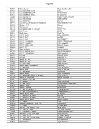 Page 197 
018824 
Take A Chance 
Magic Numbers, The 
017260 
TAKE A CHANCE ON ME 
ABBA 
015853 
TAKE A LETTER MARIA 
DOUG STONE 
012136 
TAKE A LETTER, MARIA 
RB GREAVES 
20273 
TAKE A LOAD OFF 
STONE TEMPLE PILOTS 
010016 
TAKE A MESSAGE 
REMY SHAND 
008665 
TAKE A PICTURE 
FILTER 
007718 
TAKE A WALK THROUGH BETHLEHEM 
TRISHA YEARWOOD 
018508 
Take Care Of U 
Shanice 
019068 
Take Control 
Amerie 
001128 
TAKE GOOD CARE OF MY BABY 
BOBBY VEE 
20663 
TAKE IT ALL 
ADELE 
012454 
Take It Away 
Used, The 
009160 
TAKE IT BACK 
REBA MCENTIRE 
009296 
TAKE IT EASY 
EAGLES 
016443 
TAKE IT EASY 
TRAVIS TRITT 
006525 
TAKE IT FROM HERE 
JUSTIN TIMBERLAKE 
001432 
TAKE IT FROM ME 
PAUL BRANDT 
016300 
TAKE IT LIKE A MAN 
Michelle Wright 
006508 
TAKE IT OFF 
DONNAS 
002713 
Take It On Faith 
Joshua Kadison 
017555 
TAKE IT ON THE RUN 
REO SPEEDWAGON 
015689 
TAKE IT TO THE LIMIT 
SUZY BOGGUSS 
009370 
TAKE ME 
GEORGE JONES 
008092 
TAKE ME 
LARI WHITE 
018728 
Take Me As I Am 
FAITH HILL 
018689 
Take Me As I Am 
Mary J. Blige 
20509 
TAKE ME AWAY 
FEFE DOBSON 
010444 
Take Me Away (Remix Edit) 
Lifehouse 
016276 
TAKE ME BACK 
REBA MCENTIRE 
018305 
Take Me Back 
Story Of The Year 
009212 
TAKE ME DOWN 
ALABAMA 
004567 
Take Me Home 
Sophi Ellis-Bextor 
012138 
TAKE ME HOME, COUNTRY ROADS 
JOHN DENVER 
002654 
Take Me In Your Arms 
Doobie Brothers, Th 
015821 
TAKE ME OR LEAVE ME 
RENT 
012672 
TAKE ME OUT 
Franz Ferdinand 
008872 
TAKE ME THERE 
BLACKSTREET/MYA/MAS 
019148 
Take Me There 
Rascal Flatts 
015011 
Take Me To Heart 
Quarterflash 
017556 
TAKE ME TO THE RIVER 
TALKING HEADS 
008344 
TAKE ME TO YOUR WORLD 
TAMMY WYNETTE 
004552 
Take My Breath Away 
98 Degrees 
016896 
TAKE MY BREATH AWAY 
BERLIN 
000801 
TAKE MY BREATH AWAY 
TOP GUN 
012807 
Take My Breath Away 
Jessica Simpson 
016843 
TAKE ON ME 
A-HA 
019100 
Take Over, The Break's Over, The 
Fall Out Boy 
000660 
TAKE THAT 
LISA BROKOP 
003916 
Take That Look Off Your Face 
Marti Webb 
002081 
TAKE THE "A" TRAIN 
THE KING SISTERS 
19418 
TAKE THE MONEY & RUN 
STEVE MILLER BAND 
013932 
Take These Chains From My H 
Hank Williams 
001322 
TAKE THIS HEART 
RICHARD MARX 
008406 
TAKE THIS JOB AND SHOVE IT 
JOHNNY PAYCHECK 
19629 
TAKE YOU DOWN 
CHRIS BROWN 
010324 
Take You Home 
Angie Martinez  
