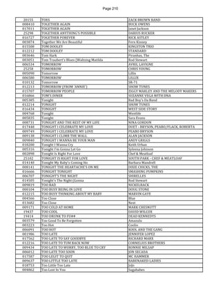 Page 210 
20155 
TOES 
ZACK BROWN BAND 
008410 
TOGETHER AGAIN 
BUCK OWENS 
017011 
TOGETHER AGAIN 
Janet Jackson 
25298 
TOGETHER ANYTHING'S POSSIBLE 
DARIUS RUCKER 
016727 
TOGETHER FOREVER 
RICK ASTLEY 
003874 
Together We Are Beautiful 
Fern Kinney 
015508 
TOM DOOLEY 
KINGSTON TRIO 
012212 
TOM DOOLEY 
STANDARD 
003646 
Tom Hark 
Piranhas, The 
003051 
Tom Traubert's Blues (Waltzing Matilda 
Rod Stewart 
006534 
TOMORROW 
AVRIL LAVIGNE 
25258 
TOMORROW 
CHRIS YOUNG 
005090 
Tomorrow 
Lillix 
006580 
TOMORROW 
LILLIX 
010132 
Tomorrow 
SR-71 
012213 
TOMORROW (FROM 'ANNIE') 
SHOW TUNES 
015707 
TOMORROW PEOPLE 
ZIGGY MARLEY AND THE MELODY MAKERS 
016866 
TOM'S DINER 
SUZANNE VEGA WITH DNA 
005385 
Tonight 
Bad Boy's Da Band 
012214 
TONIGHT 
SHOW TUNES 
016434 
TONIGHT 
WEST SIDE STORY 
004768 
Tonight 
Westlife 
005835 
Tonight 
Sara Evans 
008731 
TONIGHT AND THE REST OF MY LIFE 
NINA GORDON 
017448 
TONIGHT I CELEBRATE MY LOVE 
DUET - BRYSON, PEABO/FLACK, ROBERTA 
009749 
TONIGHT I CELEBRATE MY LOVE 
PEABO BRYSON 
009138 
TONIGHT I CLIMB THE WALL 
ALAN JACKSON 
009840 
TONIGHT I WANNA BE YOUR MAN 
ANDY GRIGGS 
018200 
Tonight I Wanna Cry 
Keith Urban 
005316 
Tonight I'm Gonna Let Go 
Syleena Johnson 
002898 
Tonight Is Right For Love 
Chef & Meatloaf 
25102 
TONIGHT IS RIGHT FOR LOVE 
SOUTH PARK - CHEF & MEATLOAF 
014140 
Tonight My Baby's Coming Ho 
Barbara Mandrell 
008141 
TONIGHT THE HEARTACHE'S ON ME 
DIXIE CHICKS, THE 
016666 
TONIGHT TONIGHT 
SMASHING PUMPKINS 
006707 
TONIGHT'S THE NIGHT 
SHIRELLES 
014505 
Tonight's The Night (Gonna 
Rod Stewart 
009819 
TOO BAD 
NICKELBACK 
000104 
TOO BUSY BEING IN LOVE 
DOUG STONE 
012215 
TOO BUSY THINKING ABOUT MY BABY 
MARVIN GAYE 
004566 
Too Close 
Blue 
013682 
Too Close 
Next 
009171 
TOO COLD AT HOME 
MARK CHESNUTT 
19437 
TOO COOL 
DAVID WILCOX 
19414 
TOO DRUNK TO FU## 
DEAD KENNEDYS 
003579 
Too Good To Be Forgotten 
Amazulu 
003223 
Too Hot 
Coolio 
006091 
TOO HOT 
KOOL AND THE GANG 
001986 
TOO LATE 
JENNIFER LOPEZ 
017562 
TOO LATE TO SAY GOODBYE 
RICHARD MARX 
012216 
TOO LATE TO TUM BACK NOW 
CORNELIUS BROTHERS 
009434 
TOO LATE TO WORRY, TOO BLUE TO CRY 
RONNIE MILSAP 
006012 
TOO LATE TOO SOON 
JON SECADA 
017587 
TOO LEGIT TO QUIT 
MC HAMMER 
009637 
TOO LITTLE TOO LATE 
BARENAKED LADIES 
018753 
Too Little Too Late 
JoJo 
004862 
Too Lost In You 
Sugababes  