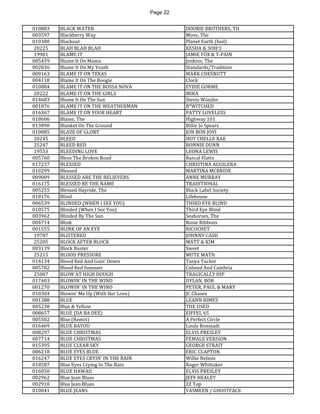 Page 22 
010883 
BLACK WATER 
DOOBIE BROTHERS, TH 
003597 
Blackberry Way 
Move, The 
010380 
Blackout 
Planet Earth (hed) 
20225 
BLAH BLAH BLAH 
KESHA & 3OH!3 
19901 
BLAME IT 
JAMIE FOX & T-PAIN 
005459 
Blame It On Mama 
Jenkins, The 
002836 
Blame It On My Youth 
Standards/Tradition 
009163 
BLAME IT ON TEXAS 
MARK CHESNUTT 
004118 
Blame It On The Boogie 
Clock 
010884 
BLAME IT ON THE BOSSA NOVA 
EYDIE GORME 
20222 
BLAME IT ON THE GIRLS 
MIKA 
014683 
Blame It On The Sun 
Stevie Wonder 
001876 
BLAME IT ON THE WEATHERMAN 
B*WITCHED 
016367 
BLAME IT ON YOUR HEART 
PATTY LOVELESS 
018606 
Blame, The 
Highway 101 
013890 
Blanket On The Ground 
Billie Jo Spears 
010885 
BLAZE OF GLORY 
JON BON JOVI 
20245 
BLEED 
HOT CHELLE RAE 
25247 
BLEED RED 
RONNIE DUNN 
19553 
BLEEDING LOVE 
LEONA LEWIS 
005760 
Bless The Broken Road 
Rascal Flatts 
017237 
BLESSED 
CHRISTINA AGUILERA 
010299 
Blessed 
MARTINA MCBRIDE 
009009 
BLESSED ARE THE BELIEVERS 
ANNE MURRAY 
016175 
BLESSED BE THE NAME 
TRADITIONAL 
005255 
Blessed Hayride, The 
Black Label Society 
018176 
Blind 
Lifehouse 
006539 
BLINDED (WHEN I SEE YOU) 
THIRD EYE BLIND 
010575 
Blinded (When I See You) 
Third Eye Blind 
003962 
Blinded By The Sun 
Seahorses, The 
004714 
Blink 
Rosie Ribbons 
001555 
BLINK OF AN EYE 
RICOCHET 
19787 
BLISTERED 
JOHNNY CASH 
25205 
BLOCK AFTER BLOCK 
MATT & KIM 
003139 
Block Buster 
Sweet 
25215 
BLOOD PRESSURE 
MUTE MATH 
014134 
Blood Red And Goin' Down 
Tanya Tucker 
005782 
Blood Red Summer 
Coheed And Cambria 
25007 
BLOW AT HIGH DOUGH 
TRAGICALLY HIP 
017403 
BLOWIN' IN THE WIND 
DYLAN, BOB 
001270 
BLOWIN' IN THE WIND 
PETER, PAUL & MARY 
010304 
Blowin' Me Up (With Her Love) 
JC Chasez 
001388 
BLUE 
LEANN RIMES 
005238 
Blue & Yellow 
THE USED 
008657 
BLUE (DA BA DEE) 
EIFFEL 65 
005502 
Blue (Remix) 
A Perfect Circle 
016469 
BLUE BAYOU 
Linda Ronstadt 
008297 
BLUE CHRISTMAS 
ELVIS PRESLEY 
007714 
BLUE CHRISTMAS 
FEMALE VERSION 
015395 
BLUE CLEAR SKY 
GEORGE STRAIT 
006218 
BLUE EYES BLUE 
ERIC CLAPTON 
016247 
BLUE EYES CRYIN' IN THE RAIN 
Willie Nelson 
018587 
Blue Eyes Crying In The Rain 
Roger Whittaker 
016050 
BLUE HAWAII 
ELVIS PRESLEY 
002962 
Blue Jean Blues 
JEFF HEALEY 
002918 
Blue Jean Blues 
ZZ Top 
010041 
BLUE JEANS 
YASMEEN / GHOSTFACE  