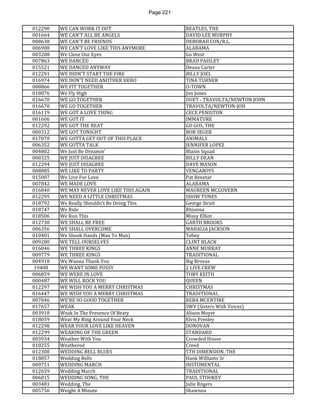 Page 221 
012290 
WE CAN WORK IT OUT 
BEATLES, THE 
001664 
WE CAN'T ALL BE ANGELS 
DAVID LEE MURPHY 
008638 
WE CAN'T BE FRIENDS 
DEBORAH COX/R.L. 
006908 
WE CAN'T LOVE LIKE THIS ANYMORE 
ALABAMA 
003208 
We Close Our Eyes 
Go West 
007863 
WE DANCED 
BRAD PAISLEY 
015521 
WE DANCED ANYWAY 
Deana Carter 
012291 
WE DIDN'T START THE FIRE 
BILLY JOEL 
016974 
WE DON'T NEED ANOTHER HERO 
TINA TURNER 
008866 
WE FIT TOGETHER 
O-TOWN 
018876 
We Fly High 
Jim Jones 
016670 
WE GO TOGETHER 
DUET - TRAVOLTA/NEWTON JOHN 
016670 
WE GO TOGETHER 
TRAVOLTA/NEWTON-JOH 
016119 
WE GOT A LOVE THING 
CECE PENISTON 
001606 
WE GOT IT 
IMMATURE 
012292 
WE GOT THE BEAT 
GO GOS, THE 
000312 
WE GOT TONIGHT 
BOB SEGER 
017070 
WE GOTTA GET OUT OF THIS PLACE 
ANIMALS 
006352 
WE GOTTA TALK 
JENNIFER LOPEZ 
004802 
We Just Be Dreamin' 
Blazin Squad 
000325 
WE JUST DISAGREE 
BILLY DEAN 
012294 
WE JUST DISAGREE 
DAVE MASON 
008885 
WE LIKE TO PARTY 
VENGABOYS 
015007 
We Live For Love 
Pat Benetar 
007842 
WE MADE LOVE 
ALABAMA 
016840 
WE MAY NEVER LOVE LIKE THIS AGAIN 
MAUREEN MCGOVERN 
012295 
WE NEED A LITTLE CHRISTMAS 
SHOW TUNES 
018792 
We Really Shouldn't Be Doing This 
George Strait 
018747 
We Ride 
Rhianna 
018506 
We Run This 
Missy Elliot 
012730 
WE SHALL BE FREE 
GARTH BROOKS 
006356 
WE SHALL OVERCOME 
MAHALIA JACKSON 
010401 
We Shook Hands (Man To Man) 
Tebey 
009280 
WE TELL OURSELVES 
CLINT BLACK 
016046 
WE THREE KINGS 
ANNE MURRAY 
009779 
WE THREE KINGS 
TRADITIONAL 
004918 
We Wanna Thank You 
Big Brovaz 
19408 
WE WANT SOME PUSSY 
2 LIVE CREW 
006859 
WE WERE IN LOVE 
TOBY KEITH 
000487 
WE WILL ROCK YOU 
QUEEN 
012297 
WE WISH YOU A MERRY CHRISTMAS 
CHRISTMAS 
016447 
WE WISH YOU A MERRY CHRISTMAS 
TRADITIONAL 
007046 
WE’RE SO GOOD TOGETHER 
REBA MCENTIRE 
017657 
WEAK 
SWV (Sisters With Voices) 
003918 
Weak In The Presence Of Beaty 
Alison Moyet 
018059 
Wear My Ring Around Your Neck 
Elvis Presley 
012298 
WEAR YOUR LOVE LIKE HEAVEN 
DONOVAN 
012299 
WEARING OF THE GREEN 
STANDARD 
003934 
Weather With You 
Crowded House 
010255 
Weathered 
Creed 
012300 
WEDDING BELL BLUES 
5TH DIMENSION, THE 
018857 
Wedding Bells 
Hank Williams Sr 
009751 
WEDDING MARCH 
INSTUMENTAL 
012659 
Wedding March 
TRADITIONAL 
006015 
WEDDING SONG, THE 
PAUL STOOKEY 
003481 
Wedding, The 
Julie Rogers 
005756 
Weight A Minute 
Shawnna  