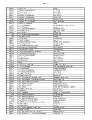 Page 222 
016901 
WEIGHT, THE 
BAND 
002023 
WELCOME BACK (KOTTER) 
TV TUNES 
003592 
Welcome Home 
Peters & Lee 
005711 
Welcome To My Life 
Simple Plan 
016064 
WELCOME TO MY WORLD 
Elvis Presley 
016243 
WELCOME TO MY WORLD 
JIM REEVES 
20152 
WELCOME TO THE FUTURE 
BRAD PAISLEY 
012303 
WELCOME TO THE JUNGLE 
GUNS 'N' ROSES 
003154 
Welcome To Tomorrow 
Snap 
20251 
WE'LL BE A DREAM 
WE THE KINGS & DEMI LOVATO 
013986 
We'll Be Together 
Sting 
009059 
WE'LL BURN THAT BRIDGE 
BROOKS & DUNN 
004244 
Well Did You Evah 
Iggy Pop & Debbie 
003356 
Well I Ask You 
Helen Kane 
19283 
We'll Live And Die In These Towns 
Enemy, The 
25129 
WELL, WELL, WELL 
DUFFY 
014641 
We're All Alone 
Rita Coolidge 
012457 
We're All To Blame 
Sum 41 
012304 
WE'RE AN AMERICAN BAND 
GRAND FUNK RAILROAD 
004222 
We're Going To Ibiza 
Vengaboys, The 
25006 
WE'RE HERE FOR A GOOD TIME 
TROOPER 
004605 
We're Not Gonna Sleep Tonight 
Emma Bunton 
015187 
We're Not Gonna Take It 
Twisted Sister 
017010 
WE'RE NOT MAKING LOVE NO MORE 
DRU HILL 
007882 
WE'RE SO GOOD TOGETHER 
REBA MCENTIRE 
000476 
WEREWOLVES OF LONDON 
WARREN ZEVON 
014352 
West End Girls 
Pet Shop Boys 
006614 
WESTERN UNION 
ELVIS PRESLEY 
002658 
Western Union 
Five Americans 
20070 
Wetter 
Twista 
009463 
WE'VE GOT IT GOIN' ON 
BACKSTREET BOYS 
016806 
WE'VE GOT TONIGHT 
DUET - ROGERS, K./EASTON, S. 
004726 
We've Got Tonight 
Ronan Keating & Lu 
009746 
WE'VE ONLY JUST BEGUN 
CARPENTERS, THE 
000363 
WE'VE TRIED EVERYTHING 
PAM TILLIS 
003951 
What A Beautiful Day 
Levellers, The 
010275 
What A Beautiful Day 
Chris Cagle 
016306 
WHAT A DIFFERENCE A DAY MAKES 
DINAH WASHINGTON 
009426 
WHAT A DIFFERENCE YOU'VE MADE IN MY 
RONNIE MILSAP 
016894 
WHAT A FEELING (FLASHDANCE) 
IRENE CARA 
000452 
WHAT A FOOL BELIEVES 
DOOBIE BROTHERS 
008654 
WHAT A GIRL WANTS 
CHRISTINA AGUILERA 
016786 
WHAT A MAN 
DUET - EN VOGUE/SALT-N-PEPA 
014147 
What A Man, My Man Is 
Lynn Anderson 
003706 
What A Mouth 
Tommy Steele 
007200 
WHAT A SHAME 
REBECCA LYNN HOWARD 
19912 
WHAT A WOMAN WANTS 
JULIA BURTAN 
000401 
WHAT A WOMAN WANTS 
LARI WHITE 
000188 
WHAT A WONDERFUL WORLD 
LOUIS ARMSTRONG 
19308 
What A Wonderful World (2007) 
EvaCassidy & Katie 
004609 
What A Wonderful World/Somewhere Over 
Cliff Richard 
018211 
What About Now 
Lonestar 
014922 
What About Us? 
Brandy 
012308 
WHAT AM I GONNA DO ABOUT YOU 
REBA MCENTIRE 
005418 
What Am I To You 
Norah Jones 
016599 
WHAT ARE YOU DOING FOR THE REST.. 
FRANK SINATRA 
012309 
WHAT BECOMES OF THE BROKENHEARTED 
JIMMY RUFFIN  