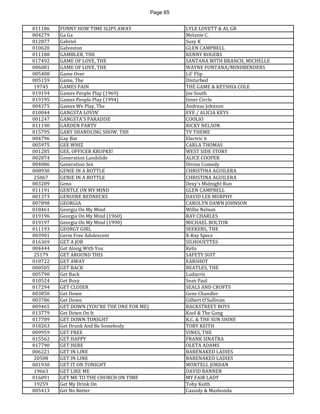 Page 65 
011186 
FUNNY HOW TIME SLIPS AWAY 
LYLE LOVETT & AL GR 
004279 
Ga Ga 
Melanie C. 
012877 
Gabriel 
Suzy K 
010620 
Galveston 
GLEN CAMPBELL 
011188 
GAMBLER, THE 
KENNY ROGERS 
017492 
GAME OF LOVE, THE 
SANTANA WITH BRANCH, MICHELLE 
006081 
GAME OF LOVE, THE 
WAYNE FONTANA/MINDBENDERS 
005408 
Game Over 
Lil' Flip 
005159 
Game, The 
Disturbed 
19745 
GAMES PAIN 
THE GAME & KEYSHIA COLE 
019194 
Games People Play (1969) 
Joe South 
019195 
Games People Play (1994) 
Inner Circle 
004375 
Games We Play, The 
Andreas Johnson 
010044 
GANGSTA LOVIN' 
EVE / ALICIA KEYS 
001247 
GANGSTA'S PARADISE 
COOLIO 
011190 
GARDEN PARTY 
RICKY NELSON 
015795 
GARY SHANDLING SHOW, THE 
TV THEME 
004796 
Gay Bar 
Electric 6 
005975 
GEE WHIZ 
CARLA THOMAS 
001285 
GEE, OFFICER KRUPKE! 
WEST SIDE STORY 
002874 
Generation Landslide 
ALICE COOPER 
004086 
Generation Sex 
Divine Comedy 
008930 
GENIE IN A BOTTLE 
CHRISTINA AGUILERA 
25067 
GENIE IN A BOTTLE 
CHRISTINA AGUILERA 
003209 
Geno 
Dexy's Midnight Run 
011191 
GENTLE ON MY MIND 
GLEN CAMPBELL 
001373 
GENUINE REDNECKS 
DAVID LEE MURPHY 
007898 
GEORGIA 
CAROLYN DAWN JOHNSON 
018461 
Georgia On My Mind 
Willie Nelson 
019196 
Georgia On My Mind (1960) 
RAY CHARLES 
019197 
Georgia On My Mind (1990) 
MICHAEL BOLTON 
011193 
GEORGY GIRL 
SEEKERS, THE 
003901 
Germ Free Adolescent 
X-Ray Specs 
016369 
GET A JOB 
SILHOUETTES 
004444 
Get Along With You 
Kelis 
25179 
GET AROUND THIS 
SAFETY SUIT 
010722 
GET AWAY 
EARSHOT 
000505 
GET BACK 
BEATLES, THE 
005790 
Get Back 
Ludacris 
010524 
Get Busy 
Sean Paul 
017294 
GET CLOSER 
SEALS AND CROFTS 
003850 
Get Down 
Gene Chandler 
003786 
Get Down 
Gilbert O'Sullivan 
009465 
GET DOWN (YOU'RE THE ONE FOR ME) 
BACKSTREET BOYS 
013779 
Get Down On It 
Kool & The Gang 
017789 
GET DOWN TONIGHT 
K.C. & THE SUN SHINE 
018263 
Get Drunk And Be Somebody 
TOBY KEITH 
009959 
GET FREE 
VINES, THE 
015562 
GET HAPPY 
FRANK SINATRA 
017790 
GET HERE 
OLETA ADAMS 
006221 
GET IN LINE 
BARENAKED LADIES 
20508 
GET IN LINE 
BARENAKED LADIES 
001930 
GET IT ON TONIGHT 
MONTELL JORDAN 
19663 
GET LIKE ME 
DAVID BANNER 
016091 
GET ME TO THE CHURCH ON TIME 
MY FAIR LADY 
19259 
Get My Drink On 
Toby Keith 
005413 
Get No Better 
Cassidy & Mashonda  