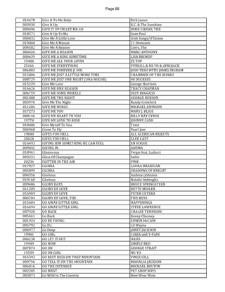 Page 68 
014678 
Give It To Me Baby 
Rick James 
003930 
Give It Up 
K.C. & The Sunshine 
009496 
GIVE IT UP OR LET ME GO 
DIXIE CHICKS, THE 
018571 
Give It Up To Me 
Sean Paul 
004032 
Give Me A Little Love 
Irish Songs/O'Donne 
019060 
Give Me A Minute 
21 Demands 
004502 
Give Me A Reason 
Corrs, The 
006426 
GIVE ME A REASON 
MARC ANTHONY 
000639 
GIVE ME A RING SOMETIME 
LISA BROKOP 
19484 
GIVE ME ALL YOUR LOVIN 
ZZ TOP 
25166 
GIVE ME EVERYTHING 
PITBULL & NE YO & AFROJACK 
006083 
GIVE ME FOREVER (I DO) 
JOSH TESH WITH JAMES INGRAM 
015806 
GIVE ME JUST A LITTLE MORE TIME 
CHAIRMEN OF THE BOARD 
008729 
GIVE ME JUST ONE NIGHT (UNA NOCHE) 
98 DEGREES 
015229 
Give Me Love 
George Harrison 
016626 
GIVE ME ONE REASON 
TRACY CHAPMAN 
006759 
GIVE ME SOME WHEELS 
SUZY BOGGUSS 
001008 
GIVE ME THE NIGHT 
GEORGE BENSON 
003976 
Give Me The Night 
Randy Crawford 
011206 
GIVE ME WINGS 
MICHAEL JOHNSON 
017273 
GIVE ME YOU 
MARY J. BLIGE 
008146 
GIVE MY HEART TO YOU 
BILLY RAY CYRUS 
19774 
GIVE MY LOVE TO ROSE 
JOHNNY CASH 
018486 
Give Myself To You 
Train 
004968 
Given To Fly 
Pearl Jam 
19840 
GIVES YOU HELL 
ALL ALERICAN REJECTS 
20624 
GIVES YOU HELL 
GLEE CAST 
016493 
GIVING HIM SOMETHING HE CAN FEEL 
EN VOGUE 
009692 
GIVING IN 
ADEMA 
018961 
Glamorous 
Fergie feat. Ludacri 
003231 
Glass Of Champagne 
Sailor 
20236 
GLITTER IN THE AIR 
PINK 
017027 
GLORIA 
LAURA BRANIGAN 
005899 
GLORIA 
SHADOWS OF KNIGHT 
004356 
Glorious 
Andreas Johnson 
019168 
Glorious 
Natalie Imbruglia 
009486 
GLORY DAYS 
BRUCE SPRINGSTEEN 
011209 
GLORY OF LOVE 
BETTE MIDLER 
016969 
GLORY OF LOVE 
PETER CETERA 
006704 
GLORY OF LOVE, THE 
FIVE KEYS 
015684 
GO AWAY LITTLE GIRL 
HAPPENINGS 
016494 
GO AWAY LITTLE GIRL 
STEVE LAWRENCE 
007920 
GO BACK 
CHALEE TENNISON 
005461 
Go Back 
Kenny Chesney 
001924 
GO BE YOUNG 
EDWIN McCAIN 
005792 
Go D.J. 
Lil Wayne 
004977 
Go Deep 
JANET JACKSON 
19981 
GO GIRL 
CIARA and T-PAIN 
006238 
GO LET IT OUT 
OASIS 
19949 
GO NOW 
SIMPLY RED 
007874 
GO ON 
GEORGE STRAIT 
19559 
GO ON GIRL 
NE-YO 
015393 
GO REST HIGH ON THAT MOUNTAIN 
VINCE GILL 
009756 
GO TELL IT ON THE MOUNTAIN 
MAHALIA JACKSON 
006016 
GO THE DISTANCE 
MICHAEL BOLTON 
002285 
GO WEST 
PET SHOP BOYS 
003873 
Go Wild In The Country 
Bow Wow Wow  