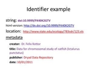 Identifier example
string: doi:10.9999/FK40K2GTV
html version: http://dx.doi.org/10.9999/FK40K2GTV
location: http://www.state.edu/ecology/783sdr/123.xls
metadata
  creator: Dr. Felix Kottor
  title: Data for chromosomal study of catfish (Ictalurus
  punctatus)
  publisher: Dryad Data Repository
  date: 10/01/2011
 