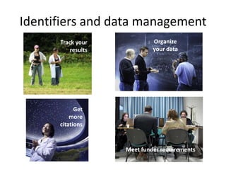 Identifiers and data management
      Track your             Organize
          results            your data




            Get
          more
      citations


                    Meet funder requirements
 