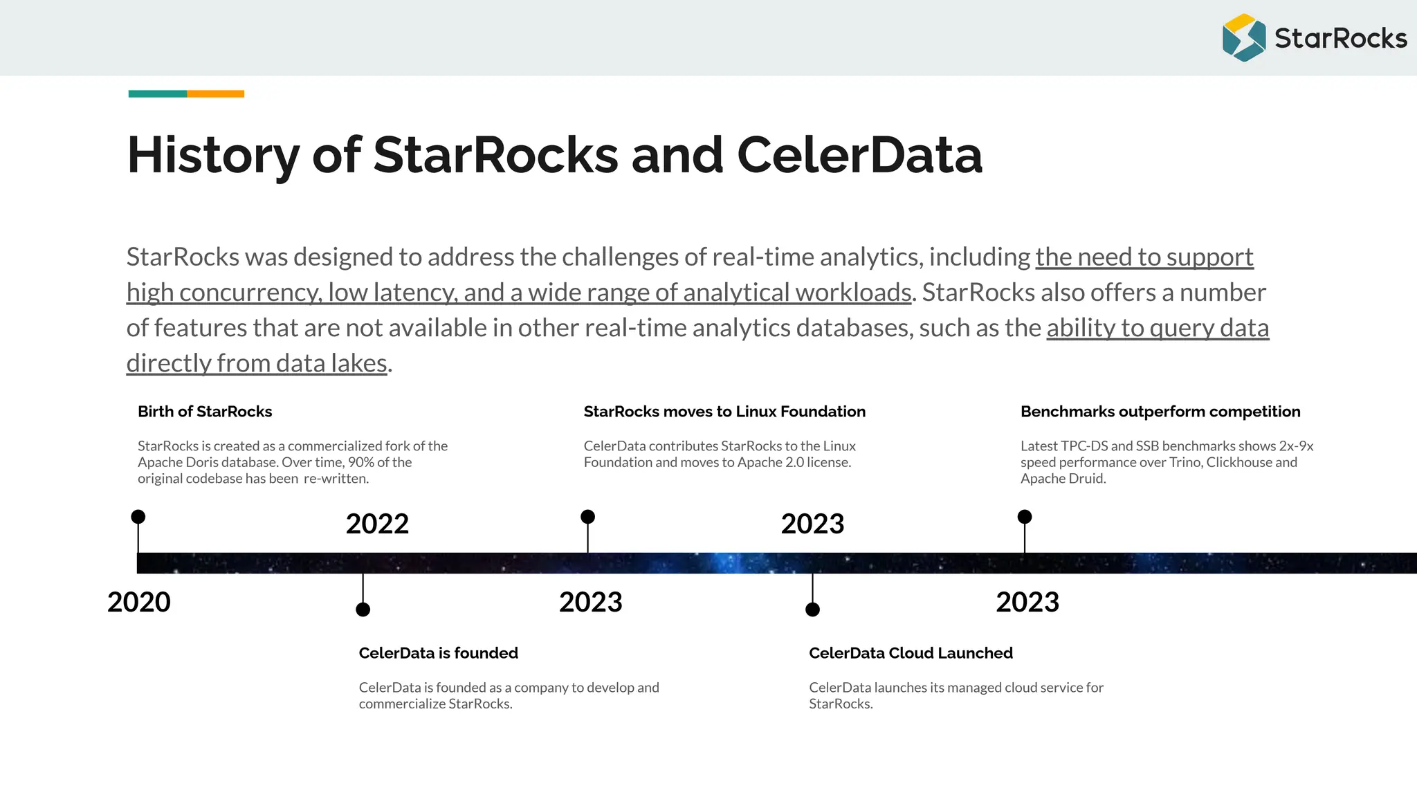 History of StarRocks and CelerData
StarRocks was designed to address the challenges of real-time analytics, including the need to support
high concurrency, low latency, and a wide range of analytical workloads. StarRocks also offers a number
of features that are not available in other real-time analytics databases, such as the ability to query data
directly from data lakes.
2020
Birth of StarRocks
StarRocks is created as a commercialized fork of the
Apache Doris database. Over time, 90% of the
original codebase has been re-written.
2022
CelerData is founded
CelerData is founded as a company to develop and
commercialize StarRocks.
2023
StarRocks moves to Linux Foundation
CelerData contributes StarRocks to the Linux
Foundation and moves to Apache 2.0 license.
2023
CelerData Cloud Launched
CelerData launches its managed cloud service for
StarRocks.
2023
Benchmarks outperform competition
Latest TPC-DS and SSB benchmarks shows 2x-9x
speed performance over Trino, Clickhouse and
Apache Druid.
 