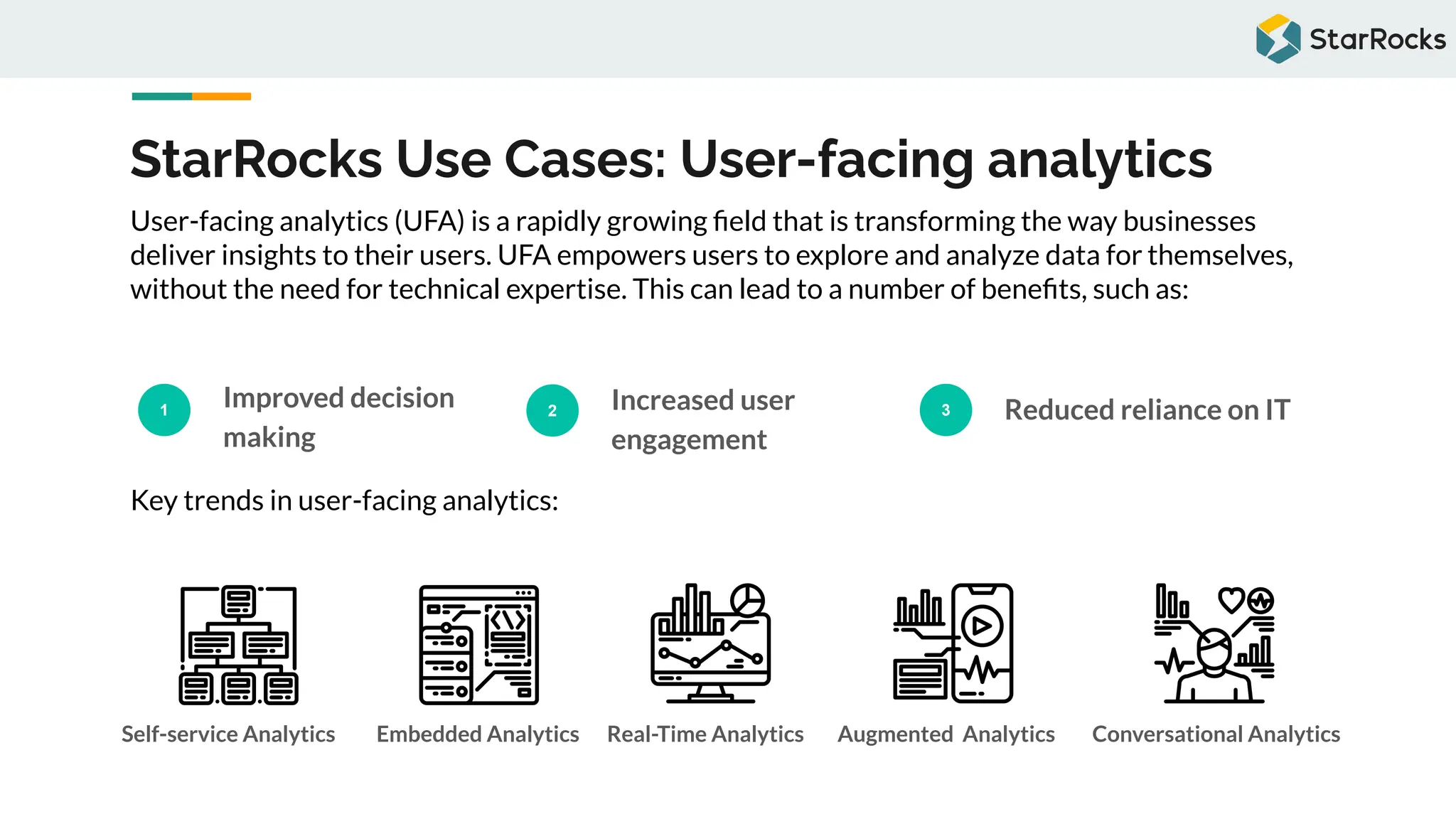 StarRocks Use Cases: User-facing analytics
1
Improved decision
making
2 Increased user
engagement
3 Reduced reliance on IT
User-facing analytics (UFA) is a rapidly growing ﬁeld that is transforming the way businesses
deliver insights to their users. UFA empowers users to explore and analyze data for themselves,
without the need for technical expertise. This can lead to a number of beneﬁts, such as:
Key trends in user-facing analytics:
Self-service Analytics Embedded Analytics Real-Time Analytics Augmented Analytics Conversational Analytics
 