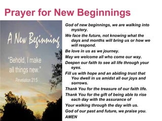 Prayer for New Beginnings
           God of new beginnings, we are walking into
               mystery.
           We face the future, not knowing what the
               days and months will bring us or how we
               will respond.
           Be love in us as we journey.
           May we welcome all who come our way.
           Deepen our faith to see all life through your
               eyes.
           Fill us with hope and an abiding trust that
               You dwell in us amidst all our joys and
               sorrows.
           Thank You for the treasure of our faith life.
           Thank You for the gift of being able to rise
               each day with the assurance of
           Your walking through the day with us.
           God of our past and future, we praise you.
           AMEN
 