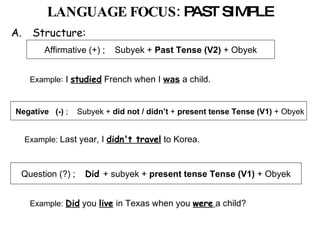 LANGUAGE FOCUS:   PAST SIMPLE Structure: Affirmative (+) ;  Subyek +  Past Tense (V2)  + Obyek Negative  (-)  ;  Subyek +  did not / didn’t  +  present tense Tense (V1)  + Obyek Question (?) ;  Did  + subyek +  present tense Tense (V1)  + Obyek Example :  I  studied   French when I  was  a child.   Example:  Last year, I  didn't travel  to Korea.   Example:   Did  you  live   in Texas when you  were   a child?  