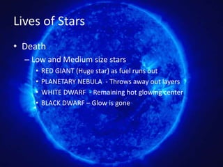 Lives of StarsDeathLow and Medium size starsRED GIANT (Huge star) as fuel runs outPLANETARY NEBULA  - Throws away out layersWHITE DWARF  - Remaining hot glowing centerBLACK DWARF – Glow is gone