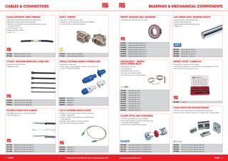 CABLES & CONNECTORS                                                                                                                                                                               BEARINGS & MECHANICAL COMPONENTS

CLEAR ADHESIVE LINED TUBINGS                                           HAN E® INSERTS                                                        METRIC SHIELDED BALL BEARINGS                                  LJM LINEAR STEAL BEARING SHAFTS
                                                                                    ®
• Clear flexible heat shrinkable tubing with an adhesive lining        • These Han E inserts are rated at 16 A                               • Intended for use where the inner ring rotates                • Manufactured from unalloyed grade steels
• Designed to provide moisture proof encapsulation                     • Intended to use with hoods and housings (order seperately)                                                                         • Induction hardened & ground
• Ideal where the substrates may need to be inspected during service   • Go to RS Online for inserts with more poles                                                                                        • High dimensional stability & long service life
  e.g. cable identification                                                                                                                                                                                 • Tolerance h6
• Shrink Temperature: 100 °C
• Dielectric Strength: 20 MV/m
• Length: 1.2 m




                                                                                                                                             618-9907      Single Row Shielded, Inside Ø 5 mm

                                                                                                                                             619-0014      Single Row Shielded, Inside Ø 6 mm

                                                                                                                                             619-0036      Single Row Shielded, Inside Ø 8 mm

                                                                                                                                             619-0086      Single Row Shielded, Inside Ø 10 mm              285-0352      Bearing shaft, 0.6 m, Ø 10 mm

                                                                                                                                             619-0216      Single Row Shielded, Inside Ø 12 mm              285-0368      Bearing shaft, 0.6 m, Ø 12 mm

 157-3852     Adhesive lined tubing, 8 mm bore                         114-8175      6 poles, male insert, 400-500 Vac                       619-0250      Single Row Shielded, Inside Ø 15 mm              285-0380      Bearing shaft, 0.8 m, Ø 16 mm

 157-3880     Adhesive lined tubing, 16 mm bore                        114-8181      6 poles, female insert, 400-500 Vac                     619-0373      Single Row Shielded, Inside Ø 17 mm              285-0396      Bearing shaft, 1 m, Ø 20 mm




TY-FAST® WEATHER RESISTANT CABLE TIES                                  3-POLE LOCKING MAINS CONNECTORS                                       SYNCROFLEX® - METRIC                                           METRIC VITON™ O-RING KIT
• Temperature Rating: -40 to 85 °C                                     • Quicklock with release lever                                        PITCH TIMING BELTS                                             • Essential for emergencies and quick repairs
• Material nylon 6.6                                                   • Colour coded, non-interchangeable A (Power In) and B (Power Out)    • Belt speed up to 80 m/s                                      • Metric Nitrile, Imperial Viton or Imperial Nitrile Kits also available on RS Online
                                                                         versions, with identifying keyways                                  • Up to 40,000 rpm                                             • Go to RS Online for the contents of the kit
                                                                                                                                             • Temperature range -30 to 80 °C
                                                                                                                                             • Resistant to oils, grease and petrol
                                                                                                                                             • Go to RS Online for more technical details




                                                                                                                                             474-4984      Timing belt, 120 x 6 mm

                                                                                                                                             474-5000      Timing belt, 160 x 6 mm

                                                                                                                                             474-5066      Timing belt, 230 x 6 mm

                                                                                                                                             474-5088      Timing belt, 265 x 6 mm
                                                                       246-8278      Socket, Type A
                                                                                                                                             474-5094      Timing belt, 285 x 6 mm
 210-5602     Cable tie, 205 x 3.5 mm (Bag of 100)                     246-8284      Socket, Type B
                                                                                                                                             474-5117      Timing belt, 305 x 6 mm                          245-9628      O-ring kit
 210-5595     Cable tie, 197 x 2.4 mm (Bag of 100)                     246-8290      Plug, Type A
                                                                                                                                             474-5123      Timing belt, 317 x 6 mm
                                                                                                                                                                           .5
 210-5618     Cable tie, 219 x 7 mm (Bag of 100)
                                .6                                     246-8313      Plug, Type B
                                                                                                                                             474-5145      Timing belt, 380 x 6 mm

                                                                                                                                             474-5151      Timing belt, 420 x 6 mm                          T-SLOT NUTS FOR FLEXLINK BEAMS
3-CORE COILED FLEX CABLES                                              CAT 5 CROSSED PATCH LEADS                                             474-5252      Timing belt, 1,300 x 6 mm                        • Slot nuts can be inserted directly into the T-slot from the beam face

• Extendable leads for use on tools and instruments                    • Category 5 UTP 8 way patch leads with wires crossed over                                                                           • Features a sprung steel tab to hold the nut in position even in vertical positions
                                                                         and grey moulded boots
• Extended length 1.5 m
                                                                                                                                             CLAMP STYLE JAW COUPLINGS
                                                                       • Provides a number of useful solutions to enhance standard
                                                                         wiring sequences                                                    • A range of zero backlash curved jaw couplings
                                                                       • Moulded in strain relief gives a longer working life                • One complete coupling comprises two aluminium hubs
                                                                       • Go to RS Online for more technical details                            and a spider (order separately)
                                                                                                                                             • Go to RS Online to see all hubs and spiders




 224-1916     Black PVC 3 core coiled mains cable, 1 A                                                                                       423-1696      Jaw coupling, Inside Ø 6 mm, Outside Ø 19 mm     249-0051      T-slot nut for XD Al beam, M5 thread (Bag of 10)

 224-1843     Black PVC 3 core coiled mains cable, 6 A                 405-5379      Patch lead, 1 m                                         423-1719      Jaw coupling, Inside Ø 6 mm, Outside Ø 25 mm     289-9212      T-slot nut for XF Al beam, M6 thread (Bag of 10)

 224-1865     Black PVC 3 core coiled mains cable, 10 A                405-5385      Patch lead, 2 m                                         423-1703      Jaw coupling, Inside Ø 8 mm, Outside Ø 19 mm     248-9843      T-slot nut for XC Al beam, M6 thread (Bag of 10)

 224-1893     Black PVC 3 core coiled mains cable, 13 A                405-5391      Patch lead, 5 m                                         423-1731      Jaw coupling, Inside Ø 8 mm, Outside Ø 25 mm     248-9859      T-slot nut for XC Al beam, M8 thread (Bag of 10)




4 STARS                                                                           To find your local RS and view more products visit:       www.rs-components.com                                                                                                                         STARS 5
 