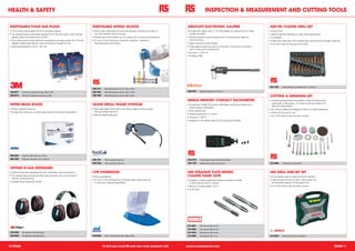 HEALTH & SAFETY                                                                                                                                                                              INSPECTION & MEASUREMENT AND CUTTING TOOLS

 DISPOSABLE FOAM EAR PLUGS                                                             DISPOSABLE NITRILE GLOVES                                                        ABSOLUTE ELECTRONIC CALIPER                                                   HSS-TIN COATED DRILL SET
 • The smooth surface repels dirt which improves hygiene                               • Nitrile rubber offers better puncture and abrasion resistance than latex or    • An electronic caliper with a 7 mm high display for measurement of inside,   • Ground flute
 • The tapered shape is specifically designed to fit most ear canals, which provides     vinyl with excellent wet and dry grip                                            outside and depth                                                           • Ideal for general workshop or works stores applications
   greater worker convenience and comfort                                              • Powder free for low particle count to reduce risk of product contamination     • Absolute features re-sets reference point of measurement taken by           • To DIN338
 • The corded version brings additional convenience and helps prevent loss. The soft   • For use in Food, Electronics, Assembly, Inspection, Laboratory,                  instrument jaws                                                             • Heavy duty steel case with moulded rigid insert for secure storage of drill bits
   braided material used reduces noise transmission through the cord                     Pharmaceutical environments                                                    • Select imperial or metric display                                           • Go to RS Online for the sizes of the drills
 • Assumed protection at 8 khz = 38.1 dB                                                                                                                                • Origin feature resets zero point of instrument. This point is memorised,
                                                                                                                                                                          even if instrument is switched off
                                                                                                                                                                        • Accuracy: ± 0.02 mm
                                                                                                                                                                        • IP Rating: IP66




                                                                                                                                                                                                                                                      507-1732      Jobber drill set, 170 pieces (from 1 to 10 mm)
                                                                                       508-1571      Blue Nitrile gloves, size 7 (Box of 100)
                                                                                                                                .5

 190-5877      Soft foam uncorded ear plug (Box of 200)                                508-1587      Blue Nitrile gloves, size 8.5 (Box of 100)
                                                                                                                                                                        245-5676       Electronic caliper, 0 to 150 mm

 236-8213      Soft foam corded ear plug (Box of 100)                                  508-1593      Blue Nitrile gloves, size 9.5 (Box of 100)
                                                                                                                                                                                                                                                      CUTTING & GRINDING SET
                                                                                                                                                                        SINGLE MEMORY CONTACT TACHOMETER                                              • Includes grinding stones and wheels, reinforced cutting discs,
                                                                                                                                                                                                                                                        carborundum slitting discs, mini steel circular saw blades and
 WIPER BRAG BOXES                                                                      SILIUM METAL FRAME EYEWEAR                                                       • An electronic 5-digit LCD contact tachometer which also functions as a
                                                                                                                                                                                                                                                        diamond cutting blades
                                                                                                                                                                          speed indicator (selectable)
 • Cloths supplied in brag box                                                         • Sleek lightweight metal frame with spring hinges and sport styled,                                                                                           • For various cutting and preparatory tasks on smaller workpieces
                                                                                         soft grip padded side arms                                                     • Direct reading rpm
 • Durable and resistant for a wide range of light and heavy-duty applications                                                                                                                                                                        • Shafts: Ø 2.35 and 3.2 mm
                                                                                       • Soft articulated nose pads                                                     • Surface speed ft/min. or m/min
                                                                                                                                                                                                                                                      • Go to RS Online to see the exact contents
                                                                                                                                                                        • Accuracy: ± 0.05 %
                                                                                                                                                                        • Requires 4 x AA alkaline cells (RS Stock Number: 591-225)




 468-3643      Brag box, 280 wipers, 42 x 33 cm

 480-1863      Brag box, 160 wipers, 30.7 x 42.6 cm
                                                                                       489-7101      Silium eyewear, grey lens                                          244-0725       5 digit single memory contact tachometer

                                                                                       489-7094      Silium eyewear, clear lens                                         185-7728       Replacement contact cone/ wheel                                612-9595      Cut/grinding set, 60 pieces


 OPTIME III EAR DEFENDERS
 • Optime III has been developed for use in extremely noisy environments               CPE OVERSHOES                                                                    HSS STRAIGHT FLUTE METRIC                                                     HSS DRILL AND BIT SET
 • The sealing rings are broad and filled with soft plastic foam for the best fit      • Blue polypropylene                                                             COARSE HAND TAPS                                                              • X-Line design cases for easy drill and bit selection
   and low contact pressure
                                                                                       • For use in food manufacturing, pharmaceuticals, electronics and                • Suitable for tapping repeatable tolerance threads in through                • Case contains drill bits for wood, metal, plastic and
 • Standard Noise Reduction: 28 dB                                                       in many other industrial applications                                                                                                                          an exhaustive selection of screwdriver bits
                                                                                                                                                                          or blind holes by hand or machine
                                                                                                                                                                        • Maximum working depth 1.5 x D                                               • Go to RS Online to see the exact contents
                                                                                                                                                                        • To ISO 529




                                                                                                                                                                        241-4041       Flute tap set, M3, 0.5 mm

                                                                                                                                                                        241-4063       Flute tap set, M4, 0.7 mm
 449-6499      Ear defender with Head band                                                                                                                              241-4079       Flute tap set, M5, 0.8 mm
 449-6528      Ear defender with Neck band                                             229-0536      CPE overshoes, size Large (Bag of 100)                             241-4085       Flute tap set, M6, 1 mm                                        613-8735      HSS drill and bit set, 100 pieces




10 STARS                                                                                          To find your local RS and view more products visit:                  www.rs-components.com                                                                                                                                     STARS 11
 