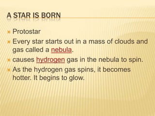 A STAR IS BORN

 Protostar
 Every star starts out in a mass of clouds and
  gas called a nebula.
 causes hydrogen gas in the nebula to spin.

 As the hydrogen gas spins, it becomes
  hotter. It begins to glow.
 