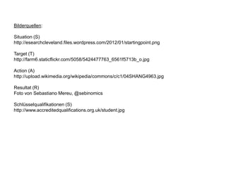 Bilderquellen:
Situation (S)
http://esearchcleveland.files.wordpress.com/2012/01/startingpoint.png

Target (T)
http://farm6.staticflickr.com/5058/5424477763_6561f5713b_o.jpg
Action (A)
http://upload.wikimedia.org/wikipedia/commons/c/c1/04SHANG4963.jpg
Resultat (R)
Foto von Sebastiano Mereu, @sebinomics
Schlüsselqualifikationen (S)
http://www.accreditedqualifications.org.uk/student.jpg

 