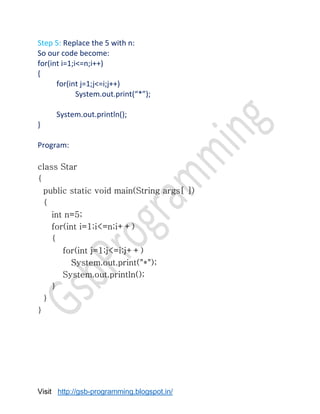 Visit http://gsb-programming.blogspot.in/
Step 5: Replace the 5 with n:
So our code become:
for(int i=1;i<=n;i++)
{
for(int j=1;j<=i;j++)
System.out.print(“*”);
System.out.println();
}
Program:
class Star
{
public static void main(String args[ ])
{
int n=5;
for(int i=1;i<=n;i++)
{
for(int j=1;j<=i;j++)
System.out.print("*");
System.out.println();
}
}
}
 