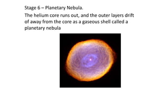 Stage 6 – Planetary Nebula.
The helium core runs out, and the outer layers drift
of away from the core as a gaseous shell called a
planetary nebula
 