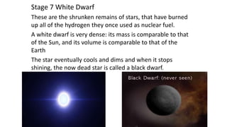 Stage 7 White Dwarf
These are the shrunken remains of stars, that have burned
up all of the hydrogen they once used as nuclear fuel.
A white dwarf is very dense: its mass is comparable to that
of the Sun, and its volume is comparable to that of the
Earth
The star eventually cools and dims and when it stops
shining, the now dead star is called a black dwarf.
 