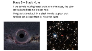 Stage 5 – Black Hole
If the core is much greater than 3 solar masses, the core
contracts to become a black hole.
The gravitational pull in a black hole is so great that
nothing can escape from it, not even light.
 