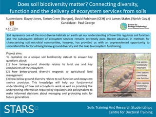 Soils Training And Research Studentships
Centre for Doctoral TrainingSTARS
Does soil biodiversity matter? Connecting diversity,
function and the delivery of ecosystem services from soils
Project aims:
To capitalize on a unique soil biodiversity dataset to answer key
questions about:
(1) how below-ground diversity relates to land use and key
components of the ecosystem
(2) how below-ground diversity responds to agricultural land
management
(3) how below-ground diversity relates to soil function and ecosystem
service provision. This knowledge will help our fundamental
understanding of how soil ecosystems work as well as providing the
underpinning information required by regulators and policymakers to
make informed decisions about managing and protecting soils for
future generations
Soil represents one of the most diverse habitats on earth yet our understanding of how this regulates soil function
and the subsequent delivery of ecosystem services remains extremely poor. Recent advances in methods for
characterising soil microbial communities, however, has provided us with an unprecedented opportunity to
understand the factors driving below-ground diversity and the links to ecosystem functioning.
Supervisors: Davey Jones, Simon Creer (Bangor), David Robinson (CEH) and James Skates (Welsh Gov.t)
Candidate: Paul George
 