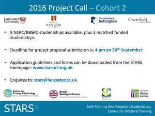 Soils Training And Research Studentships
Centre for Doctoral TrainingSTARS
2016 Project Call – Cohort 2
• 8 NERC/BBSRC studentships available, plus 3 matched funded
studentships.
• Deadline for project proposal submission is: 4 pm on 30th September.
• Application guidelines and forms can be downloaded from the STARS
homepage: www.starsoil.org.uk.
• Enquires to: stars@lancaster.ac.uk.
 