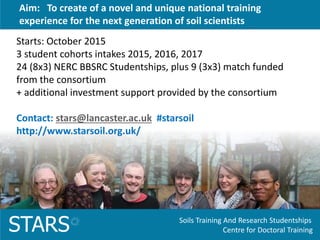 Soils Training And Research Studentships
Centre for Doctoral TrainingSTARS
Starts: October 2015
3 student cohorts intakes 2015, 2016, 2017
24 (8x3) NERC BBSRC Studentships, plus 9 (3x3) match funded
from the consortium
+ additional investment support provided by the consortium
Contact: stars@lancaster.ac.uk #starsoil
http://www.starsoil.org.uk/
Aim: To create of a novel and unique national training
experience for the next generation of soil scientists
 