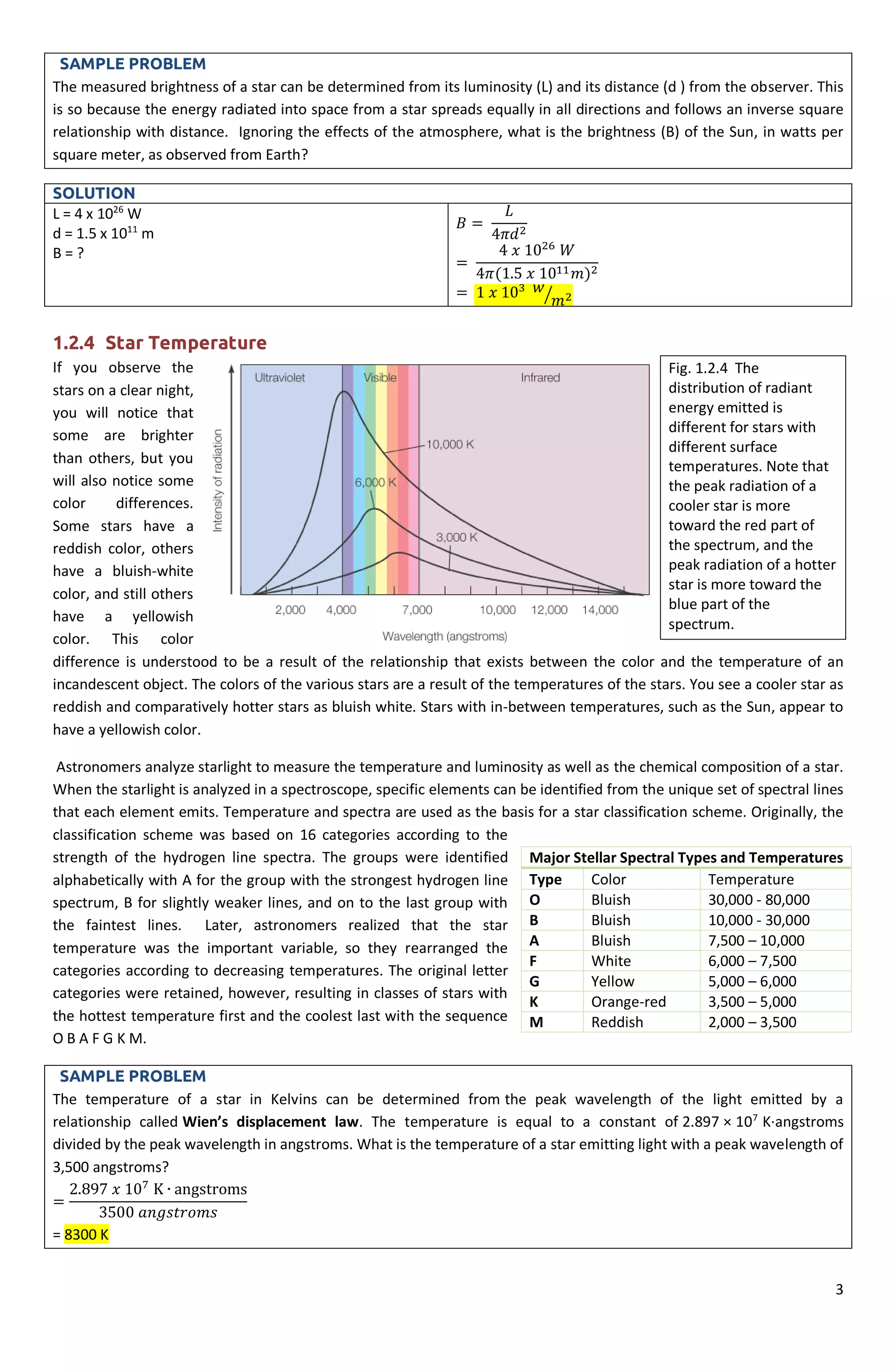 3
Fig. 1.2.4 The
distribution of radiant
energy emitted is
different for stars with
different surface
temperatures. Note that
the peak radiation of a
cooler star is more
toward the red part of
the spectrum, and the
peak radiation of a hotter
star is more toward the
blue part of the
spectrum.
SAMPLE PROBLEM
The measured brightness of a star can be determined from its luminosity (L) and its distance (d ) from the observer. This
is so because the energy radiated into space from a star spreads equally in all directions and follows an inverse square
relationship with distance. Ignoring the effects of the atmosphere, what is the brightness (B) of the Sun, in watts per
square meter, as observed from Earth?
SOLUTION
L = 4 x 1026
W
d = 1.5 x 1011
m
B = ?
𝐵 =
𝐿
4𝜋𝑑2
=
4 𝑥 1026
𝑊
4𝜋(1.5 𝑥 1011 𝑚)2
= 1 𝑥 103 𝑤
𝑚2⁄
1.2.4 Star Temperature
If you observe the
stars on a clear night,
you will notice that
some are brighter
than others, but you
will also notice some
color differences.
Some stars have a
reddish color, others
have a bluish-white
color, and still others
have a yellowish
color. This color
difference is understood to be a result of the relationship that exists between the color and the temperature of an
incandescent object. The colors of the various stars are a result of the temperatures of the stars. You see a cooler star as
reddish and comparatively hotter stars as bluish white. Stars with in-between temperatures, such as the Sun, appear to
have a yellowish color.
Astronomers analyze starlight to measure the temperature and luminosity as well as the chemical composition of a star.
When the starlight is analyzed in a spectroscope, specific elements can be identified from the unique set of spectral lines
that each element emits. Temperature and spectra are used as the basis for a star classification scheme. Originally, the
classification scheme was based on 16 categories according to the
strength of the hydrogen line spectra. The groups were identified
alphabetically with A for the group with the strongest hydrogen line
spectrum, B for slightly weaker lines, and on to the last group with
the faintest lines. Later, astronomers realized that the star
temperature was the important variable, so they rearranged the
categories according to decreasing temperatures. The original letter
categories were retained, however, resulting in classes of stars with
the hottest temperature first and the coolest last with the sequence
O B A F G K M.
SAMPLE PROBLEM
The temperature of a star in Kelvins can be determined from the peak wavelength of the light emitted by a
relationship called Wien’s displacement law. The temperature is equal to a constant of 2.897 × 107
K∙angstroms
divided by the peak wavelength in angstroms. What is the temperature of a star emitting light with a peak wavelength of
3,500 angstroms?
=
2.897 𝑥 107
K ∙ angstroms
3500 𝑎𝑛𝑔𝑠𝑡𝑟𝑜𝑚𝑠
= 8300 K
Major Stellar Spectral Types and Temperatures
Type Color Temperature
O Bluish 30,000 - 80,000
B Bluish 10,000 - 30,000
A Bluish 7,500 – 10,000
F White 6,000 – 7,500
G Yellow 5,000 – 6,000
K Orange-red 3,500 – 5,000
M Reddish 2,000 – 3,500
 