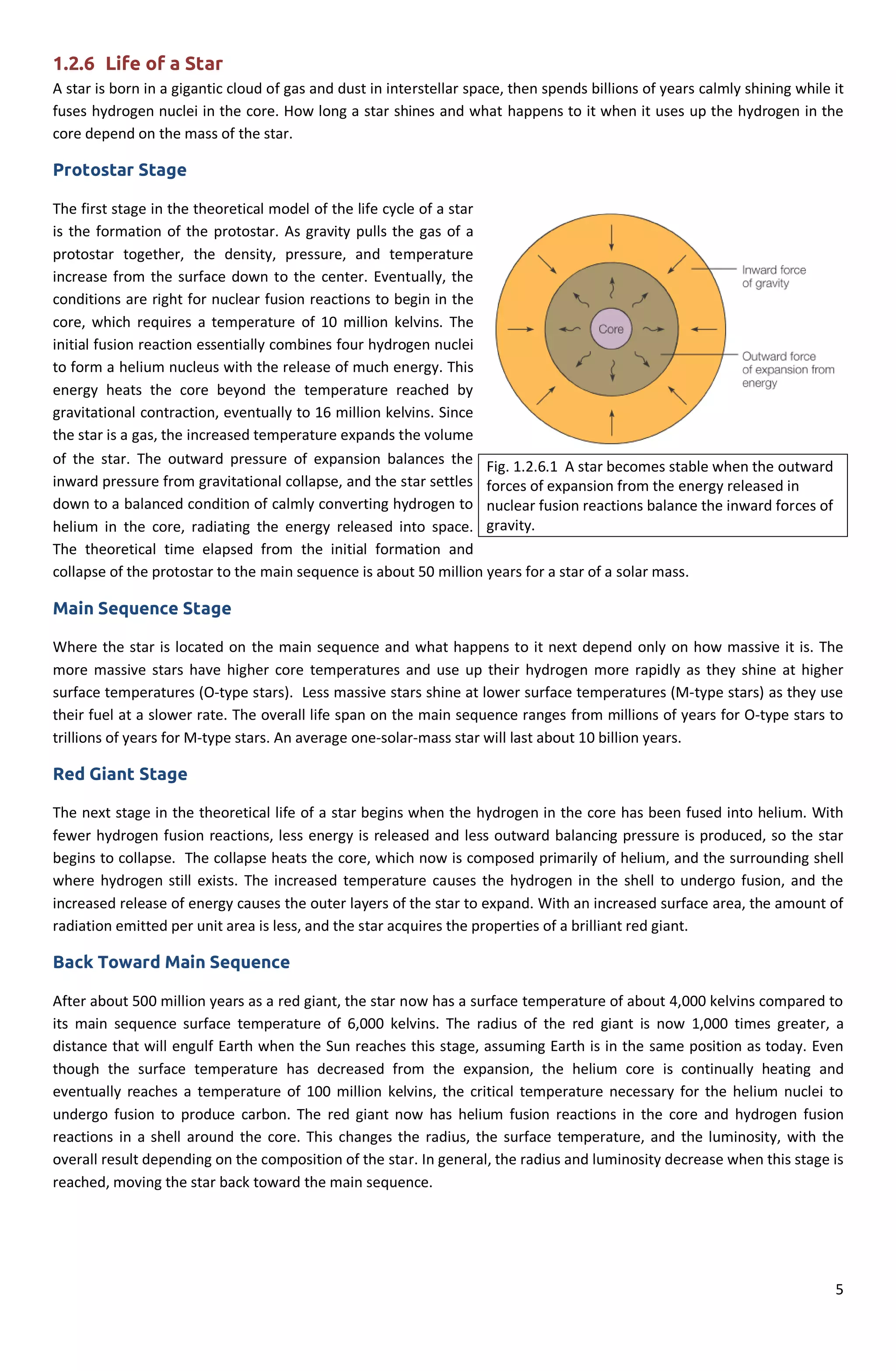 5
Fig. 1.2.6.1 A star becomes stable when the outward
forces of expansion from the energy released in
nuclear fusion reactions balance the inward forces of
gravity.
1.2.6 Life of a Star
A star is born in a gigantic cloud of gas and dust in interstellar space, then spends billions of years calmly shining while it
fuses hydrogen nuclei in the core. How long a star shines and what happens to it when it uses up the hydrogen in the
core depend on the mass of the star.
Protostar Stage
The first stage in the theoretical model of the life cycle of a star
is the formation of the protostar. As gravity pulls the gas of a
protostar together, the density, pressure, and temperature
increase from the surface down to the center. Eventually, the
conditions are right for nuclear fusion reactions to begin in the
core, which requires a temperature of 10 million kelvins. The
initial fusion reaction essentially combines four hydrogen nuclei
to form a helium nucleus with the release of much energy. This
energy heats the core beyond the temperature reached by
gravitational contraction, eventually to 16 million kelvins. Since
the star is a gas, the increased temperature expands the volume
of the star. The outward pressure of expansion balances the
inward pressure from gravitational collapse, and the star settles
down to a balanced condition of calmly converting hydrogen to
helium in the core, radiating the energy released into space.
The theoretical time elapsed from the initial formation and
collapse of the protostar to the main sequence is about 50 million years for a star of a solar mass.
Main Sequence Stage
Where the star is located on the main sequence and what happens to it next depend only on how massive it is. The
more massive stars have higher core temperatures and use up their hydrogen more rapidly as they shine at higher
surface temperatures (O-type stars). Less massive stars shine at lower surface temperatures (M-type stars) as they use
their fuel at a slower rate. The overall life span on the main sequence ranges from millions of years for O-type stars to
trillions of years for M-type stars. An average one-solar-mass star will last about 10 billion years.
Red Giant Stage
The next stage in the theoretical life of a star begins when the hydrogen in the core has been fused into helium. With
fewer hydrogen fusion reactions, less energy is released and less outward balancing pressure is produced, so the star
begins to collapse. The collapse heats the core, which now is composed primarily of helium, and the surrounding shell
where hydrogen still exists. The increased temperature causes the hydrogen in the shell to undergo fusion, and the
increased release of energy causes the outer layers of the star to expand. With an increased surface area, the amount of
radiation emitted per unit area is less, and the star acquires the properties of a brilliant red giant.
Back Toward Main Sequence
After about 500 million years as a red giant, the star now has a surface temperature of about 4,000 kelvins compared to
its main sequence surface temperature of 6,000 kelvins. The radius of the red giant is now 1,000 times greater, a
distance that will engulf Earth when the Sun reaches this stage, assuming Earth is in the same position as today. Even
though the surface temperature has decreased from the expansion, the helium core is continually heating and
eventually reaches a temperature of 100 million kelvins, the critical temperature necessary for the helium nuclei to
undergo fusion to produce carbon. The red giant now has helium fusion reactions in the core and hydrogen fusion
reactions in a shell around the core. This changes the radius, the surface temperature, and the luminosity, with the
overall result depending on the composition of the star. In general, the radius and luminosity decrease when this stage is
reached, moving the star back toward the main sequence.
 