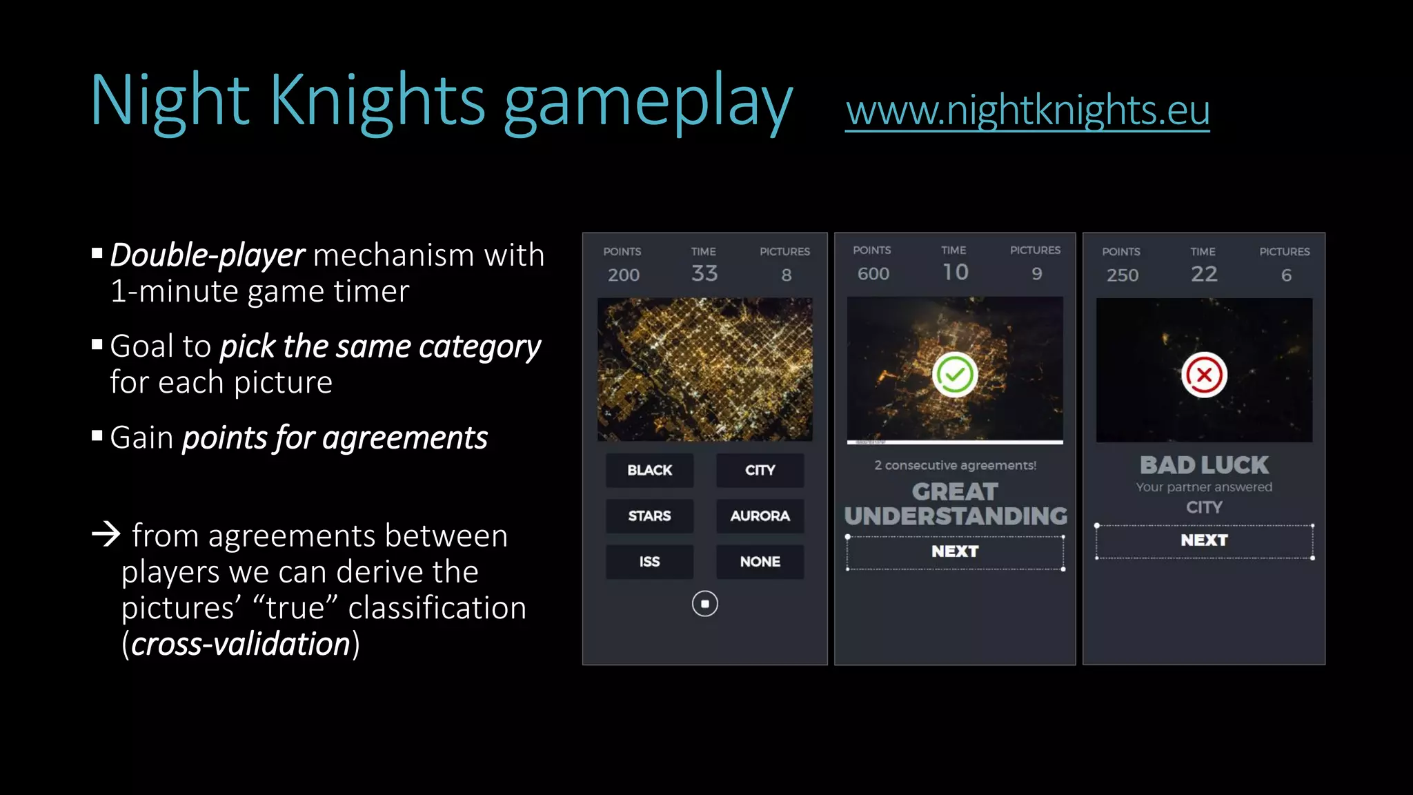 Night Knights gameplay www.nightknights.eu
Double-player mechanism with
1-minute game timer
Goal to pick the same category
for each picture
Gain points for agreements
 from agreements between
players we can derive the
pictures’ “true” classification
(cross-validation)
 