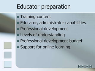 Educator preparationTraining contentEducator, administrator capabilitiesProfessional developmentLevels of understandingProfessional development budgetSupport for online learning