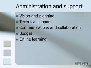 Administration and supportVision and planningTechnical supportCommunications and collaborationBudgetOnline learning