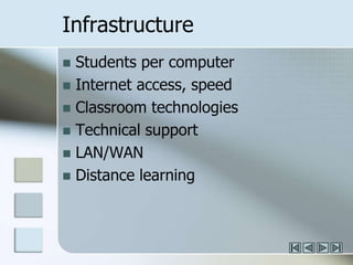 InfrastructureStudents per computerInternet access, speedClassroom technologiesTechnical supportLAN/WANDistance learning