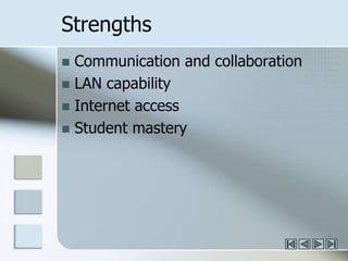 StrengthsCommunication and collaborationLAN capabilityInternet accessStudent mastery