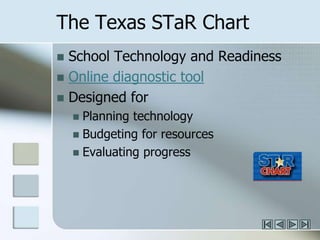 The Texas STaR ChartSchool Technology and ReadinessOnline diagnostic toolDesigned for Planning technologyBudgeting for resourcesEvaluating progress