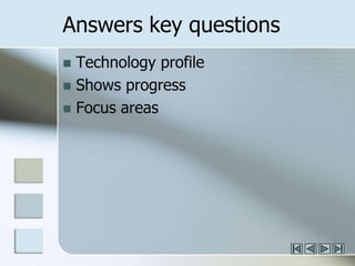Answers key questionsTechnology profileShows progressFocus areas