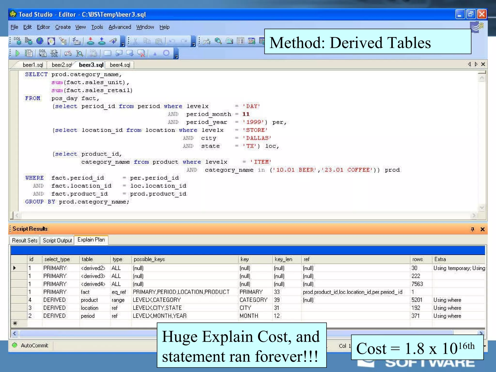 Method: Derived Tables




Huge Explain Cost, and
statement ran forever!!!   Cost = 1.8 x 1016th
 