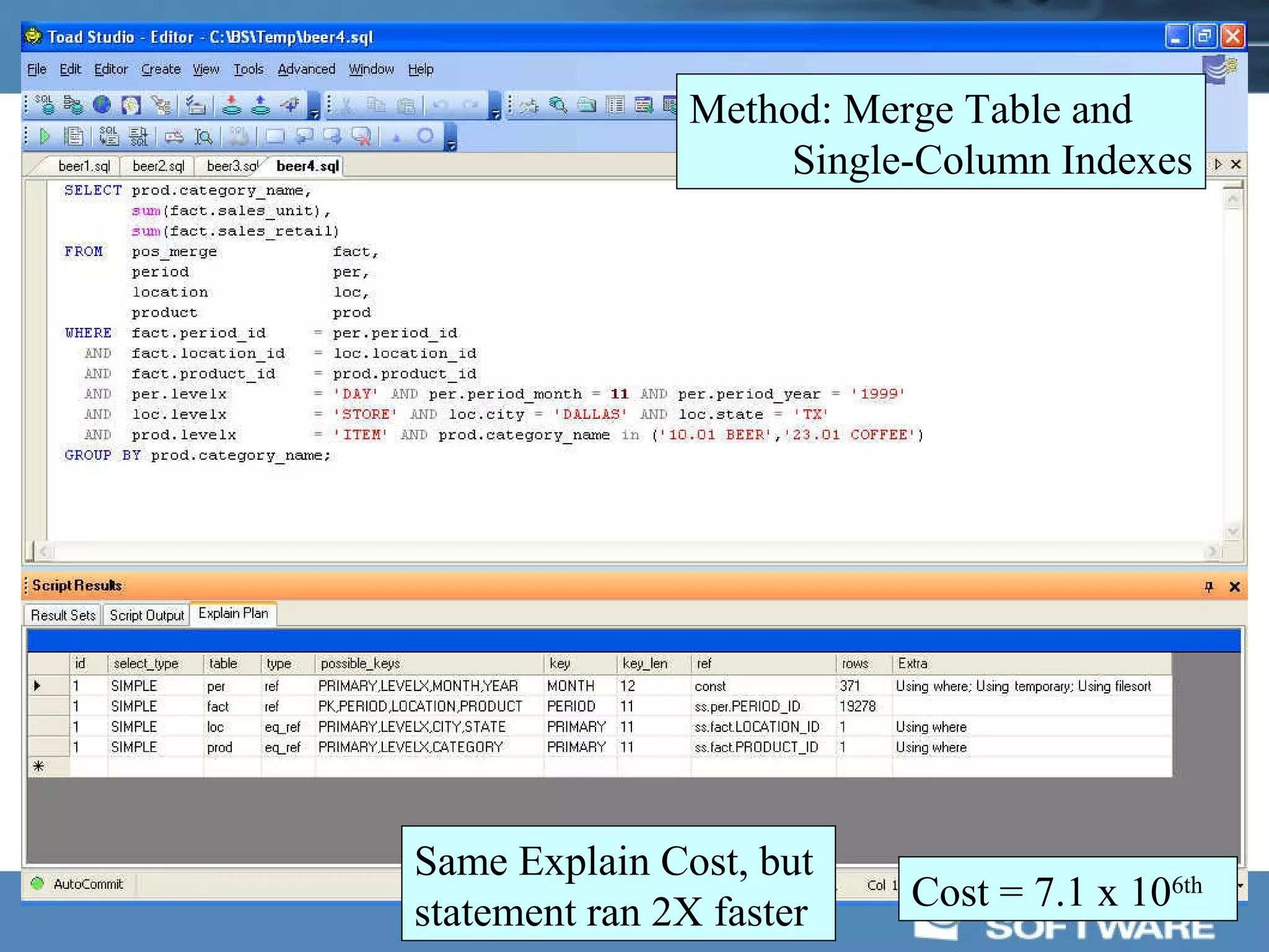 Method: Merge Table and
                    Single-Column Indexes




Same Explain Cost, but
statement ran 2X faster   Cost = 7.1 x 106th
 
