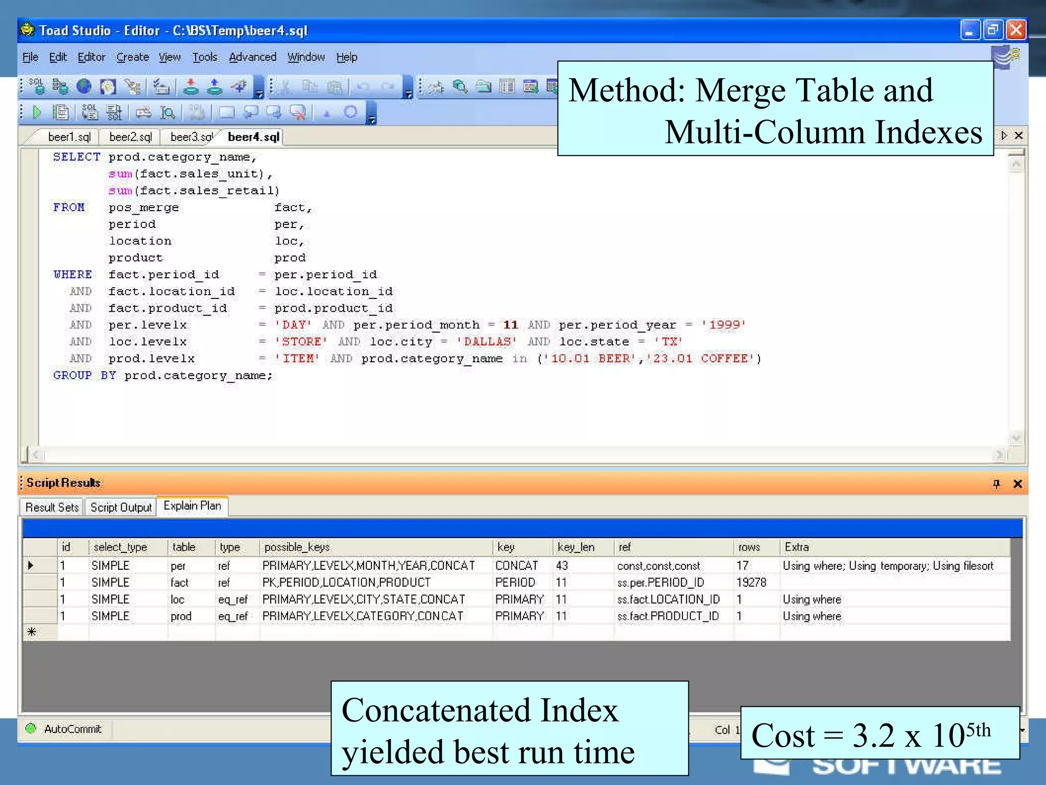 Method: Merge Table and
                     Multi-Column Indexes




Concatenated Index
yielded best run time      Cost = 3.2 x 105th
 