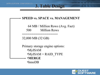 3. Table Design

SPEED vs. SPACE vs. MANAGEMENT

    64 MB / Million Rows (Avg. Fact)
   500      Million Rows
===================
32,000 MB (32 GB)

Primary storage engine options:
   •MyISAM
   •MyISAM + RAID_TYPE
   •MERGE
   •InnoDB
 