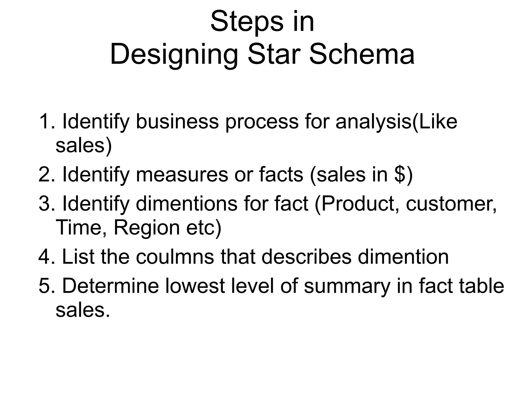 Steps in
Designing Star Schema
1. Identify business process for analysis(Like
sales)
2. Identify measures or facts (sales in $)
3. Identify dimentions for fact (Product, customer,
Time, Region etc)
4. List the coulmns that describes dimention
5. Determine lowest level of summary in fact table
sales.
 