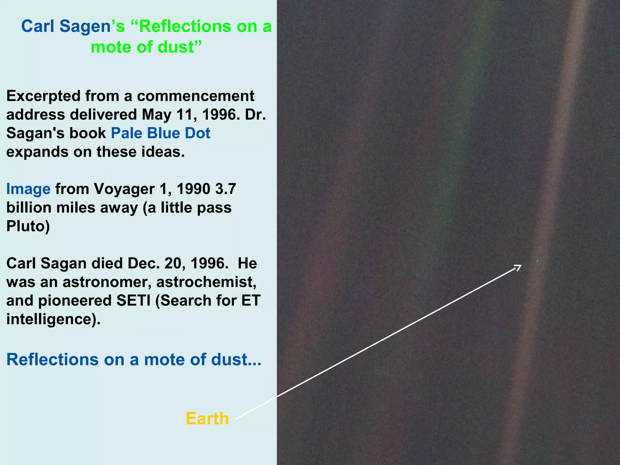 Carl Sagen’s “Reflections on a
mote of dust”
Excerpted from a commencement
address delivered May 11, 1996. Dr.
Sagan's book Pale Blue Dot
expands on these ideas.
Image from Voyager 1, 1990 3.7
billion miles away (a little pass
Pluto)
Carl Sagan died Dec. 20, 1996. He
was an astronomer, astrochemist,
and pioneered SETI (Search for ET
intelligence).

Reflections on a mote of dust...
Earth

 