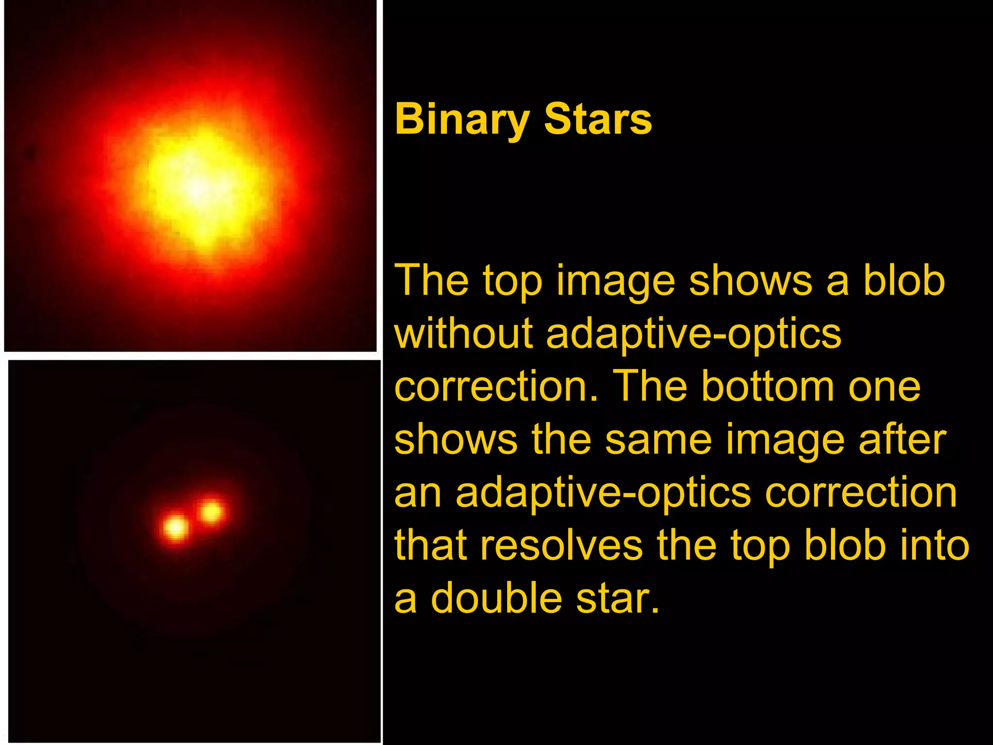 Binary Stars

The top image shows a blob
without adaptive-optics
correction. The bottom one
shows the same image after
an adaptive-optics correction
that resolves the top blob into
a double star.

 