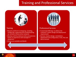 Training and Professional Services




Training                                            Professional Services
• Become proficient in designing, installing,       • Customized offerings to address the
  configuring, supporting and troubleshooting         customer’s system design and deployment
  our wireless infrastructure networks                requirements
• Develop solid foundational skills and extensive   • Services: System design, remediation,
  hands-on experience with StarSight FT               deployment and configuration, trials, PoC and
  equipment                                           demo services
• Classes are available worldwide




                                                                                                      13
 