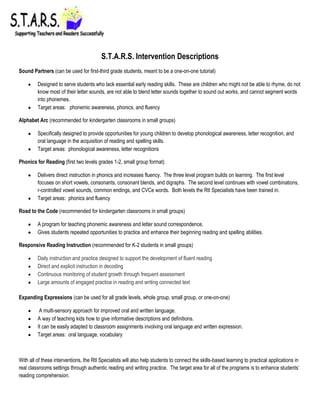 -200025-314325<br />S.T.A.R.S. Intervention Descriptions<br />Sound Partners (can be used for first-third grade students, meant to be a one-on-one tutorial)<br />,[object Object]