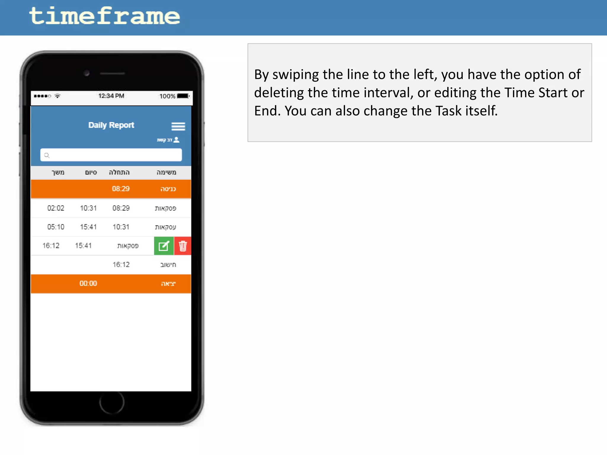 By swiping the line to the left, you have the option of
deleting the time interval, or editing the Time Start or
End. You can also change the Task itself.
 
